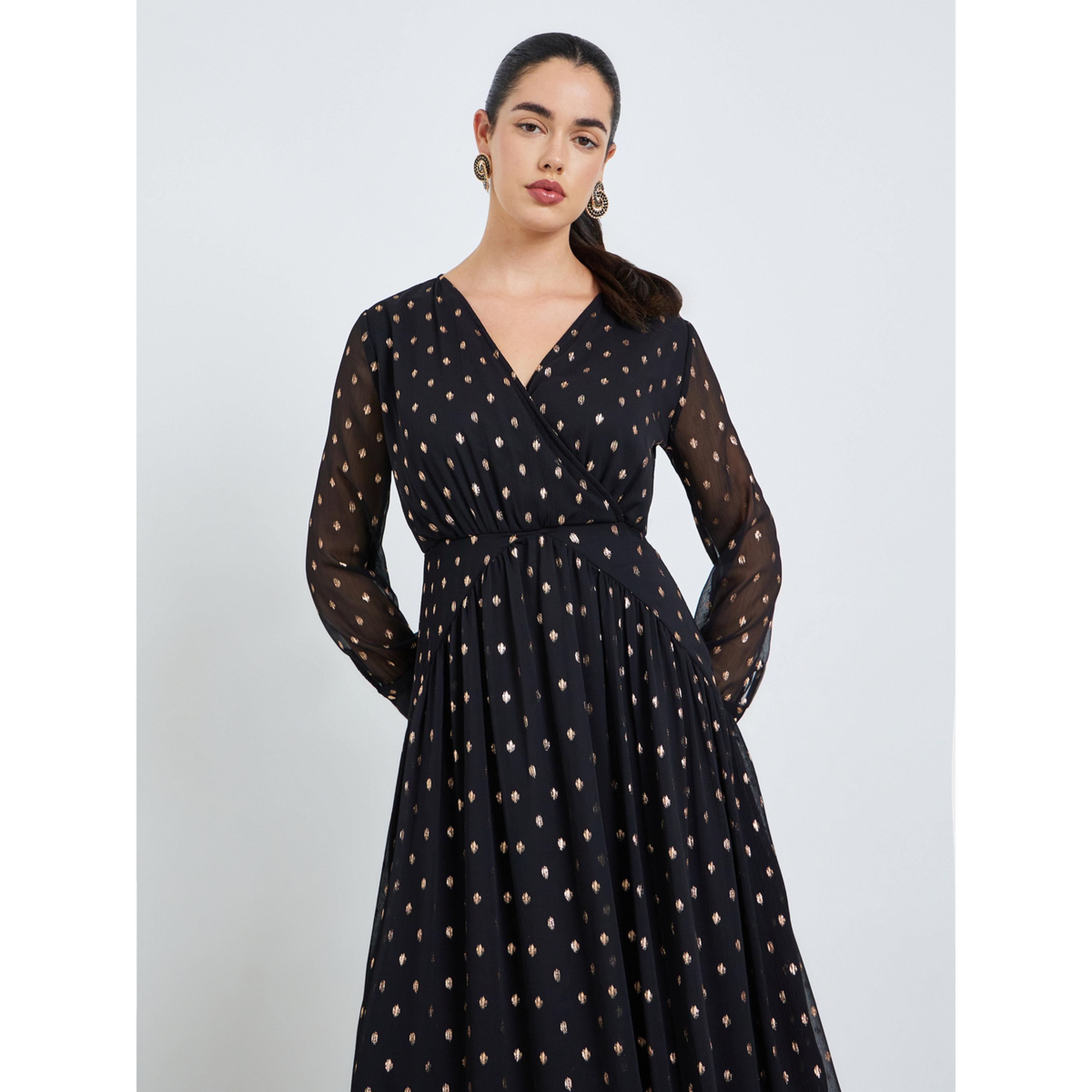 فستان طويل نسائي واسع بحافة واسعة وطبعة رقائق ذهبية-women-clothing-dresses-image-2