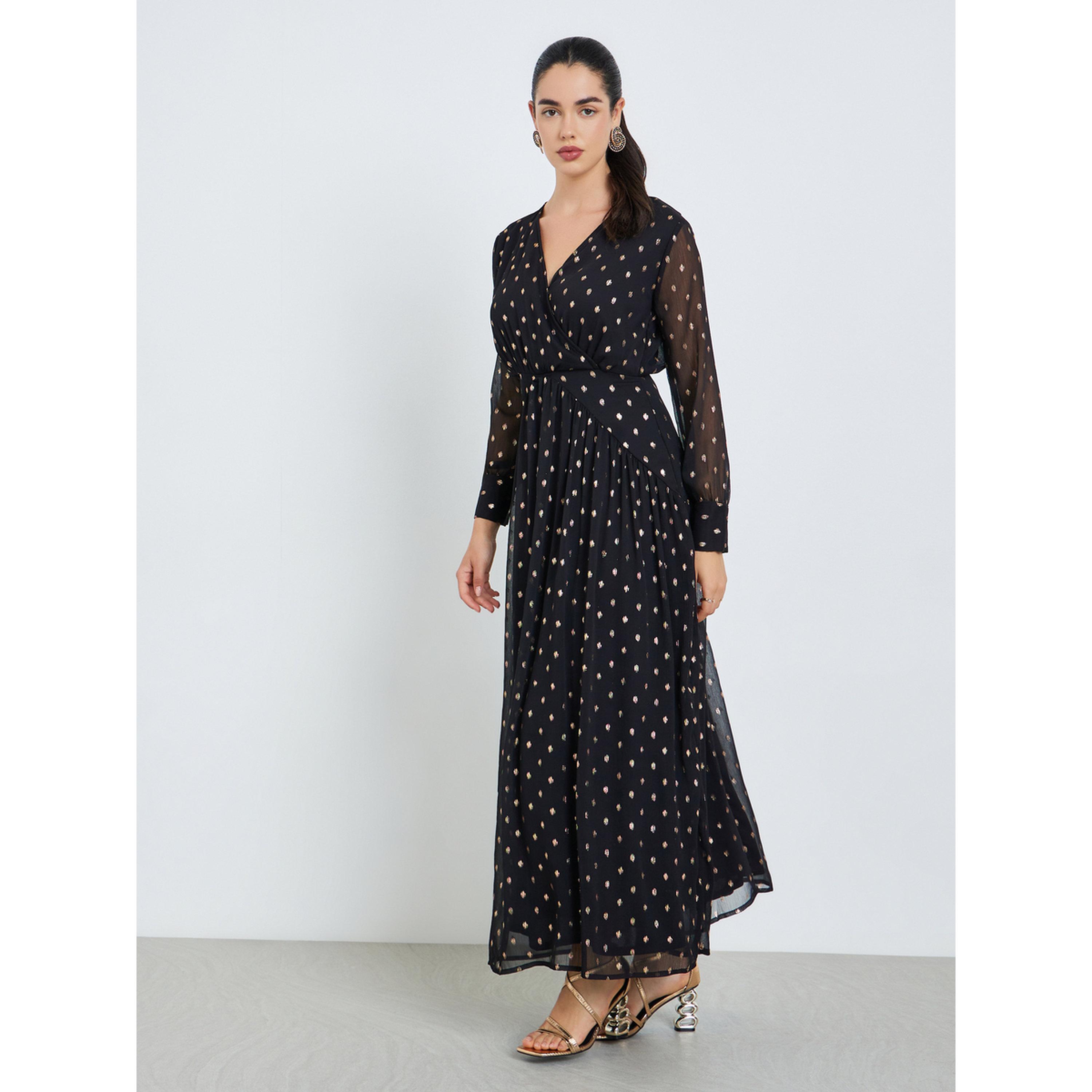 فستان طويل نسائي واسع بحافة واسعة وطبعة رقائق ذهبية-women-clothing-dresses-image-3