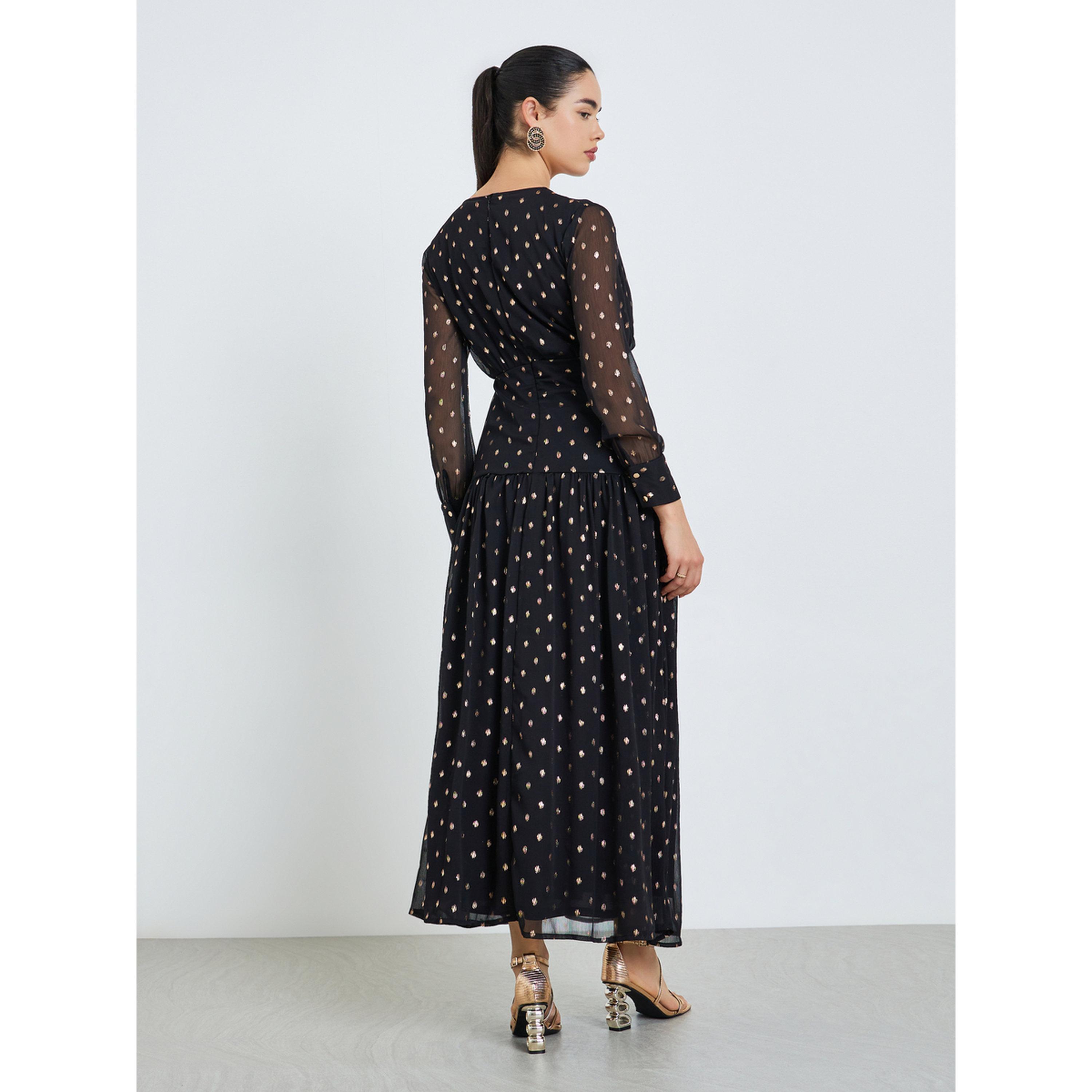 فستان طويل نسائي واسع بحافة واسعة وطبعة رقائق ذهبية-women-clothing-dresses-image-4