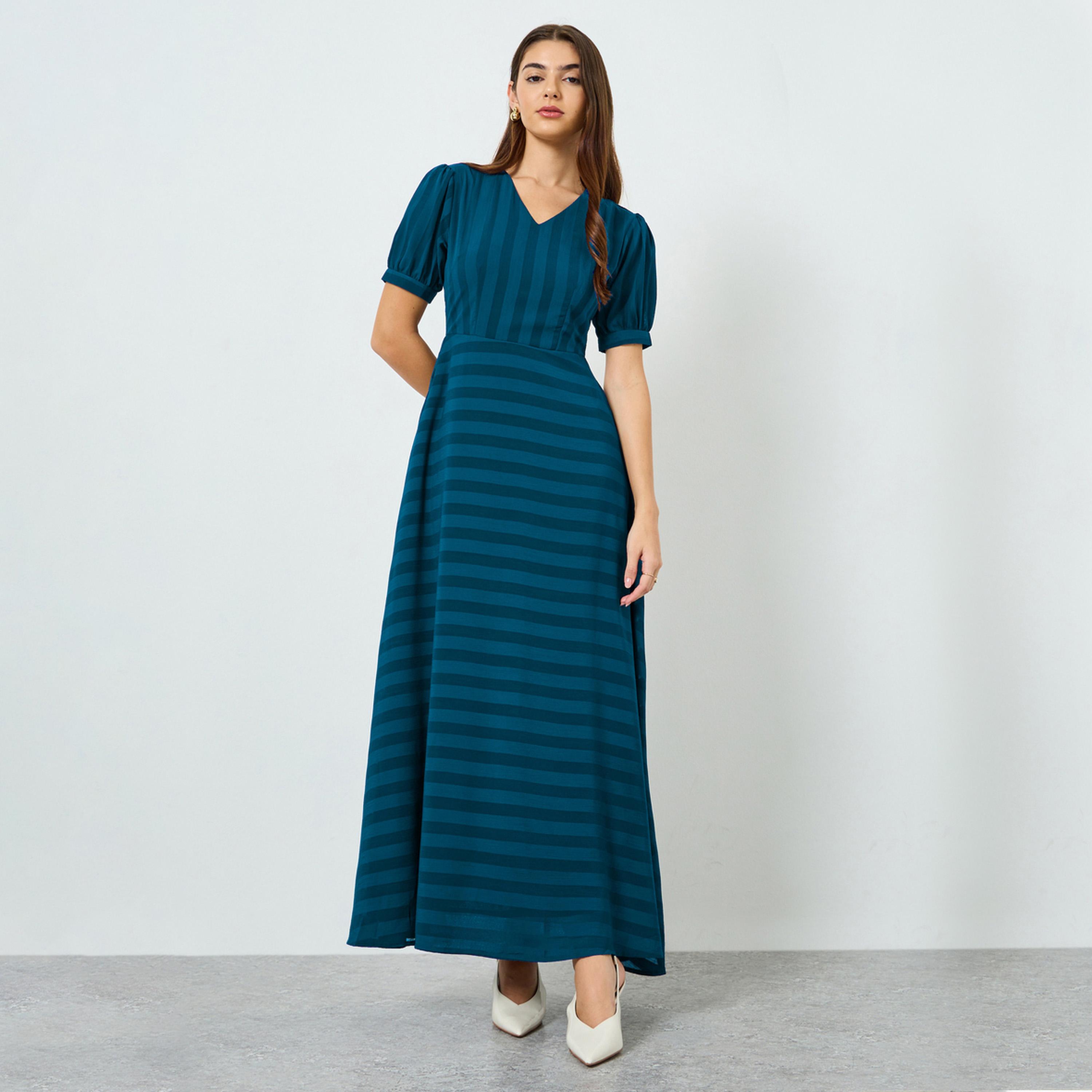 Styli Women Teal Self-Design Maxi Dress-women-clothing-dresses-image-1