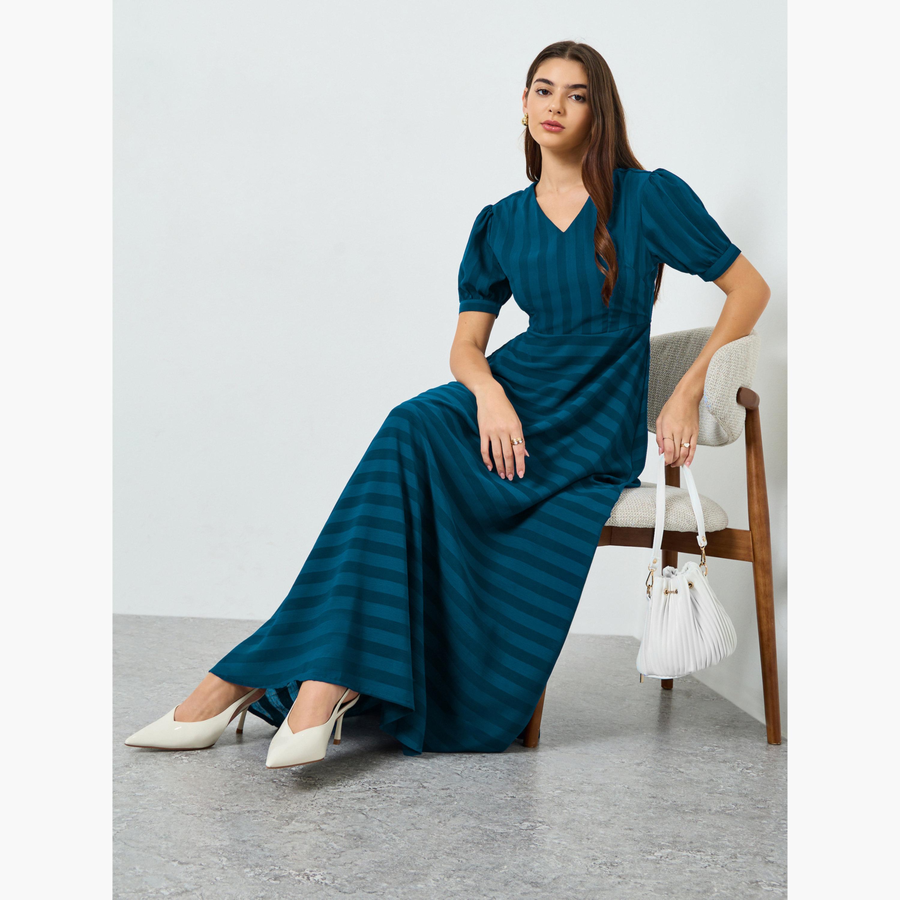 Styli Women Teal Self-Design Maxi Dress-women-clothing-dresses-image-2