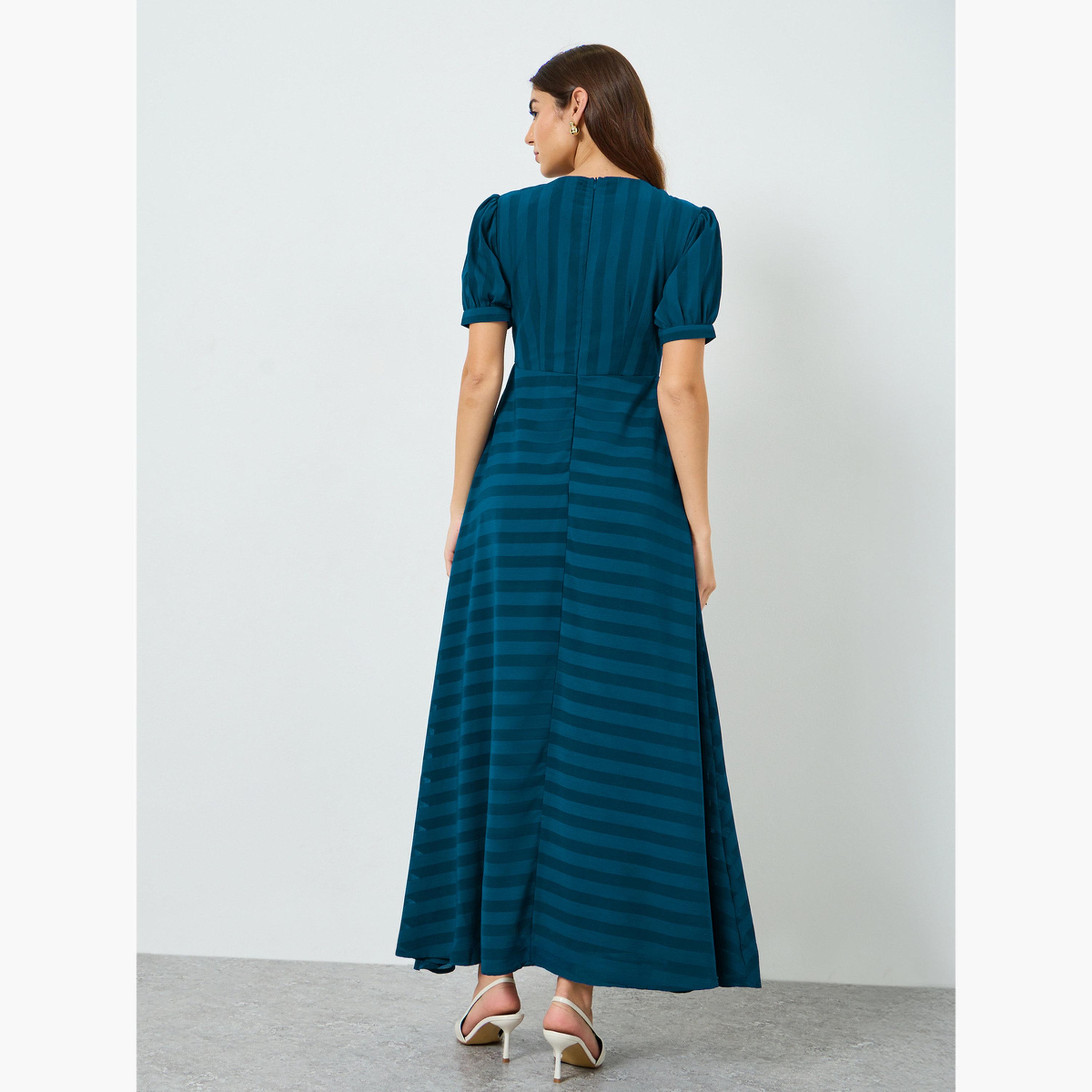 Styli Women Teal Self-Design Maxi Dress-women-clothing-dresses-image-3