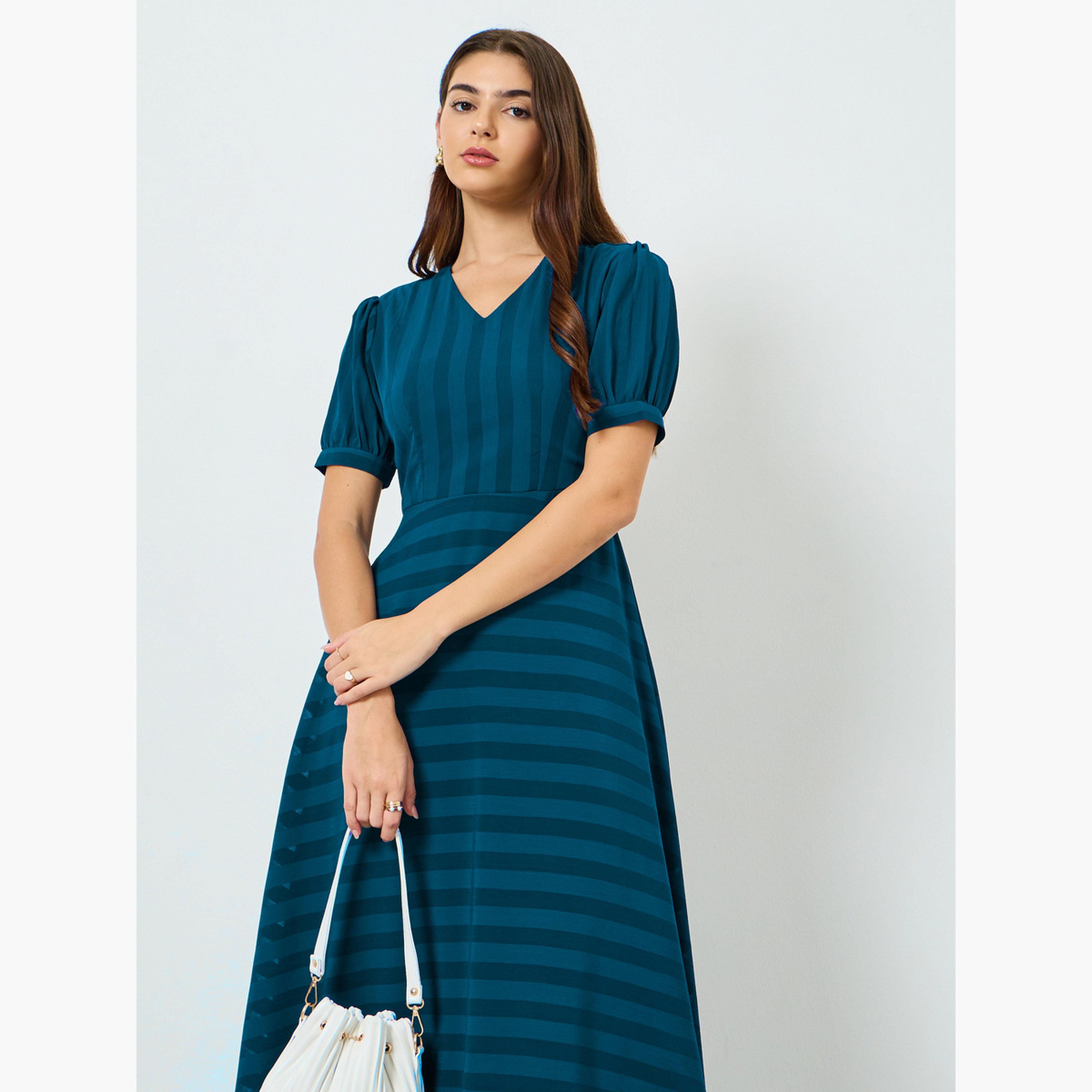Styli Women Teal Self-Design Maxi Dress-women-clothing-dresses-image-4
