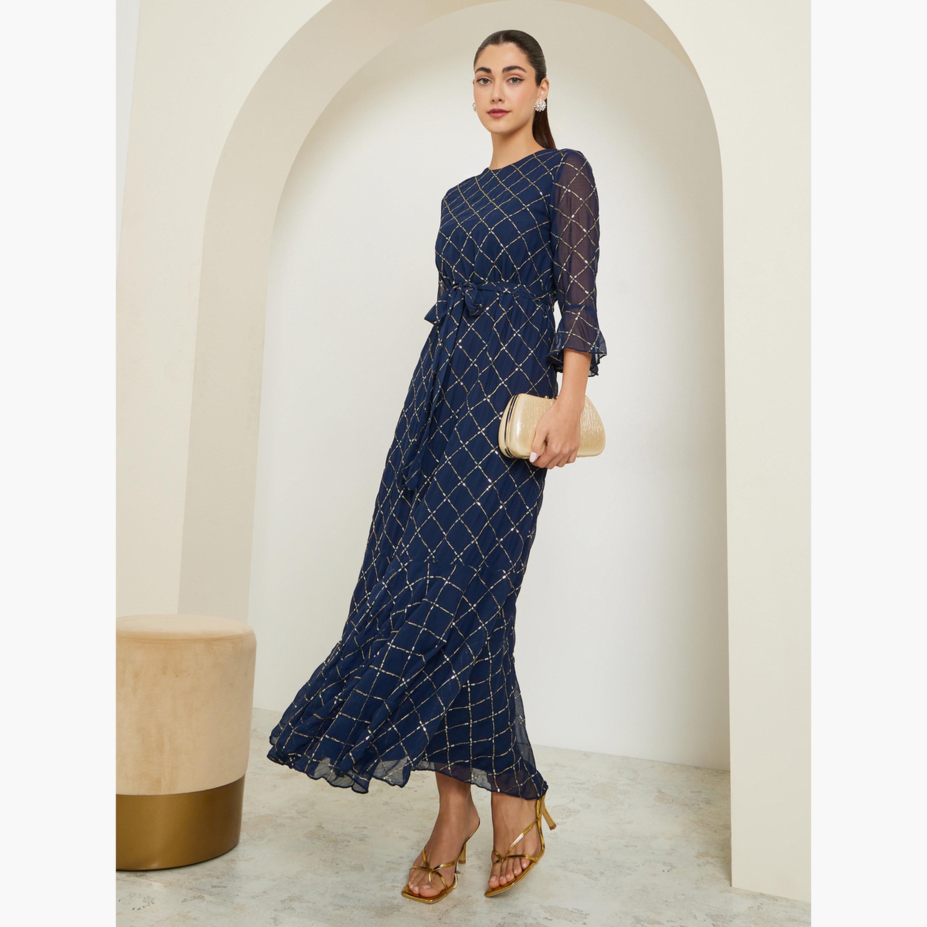 فستان طويل مزين بالترتر بأكمام 3/4-women-clothing-dresses-image-1