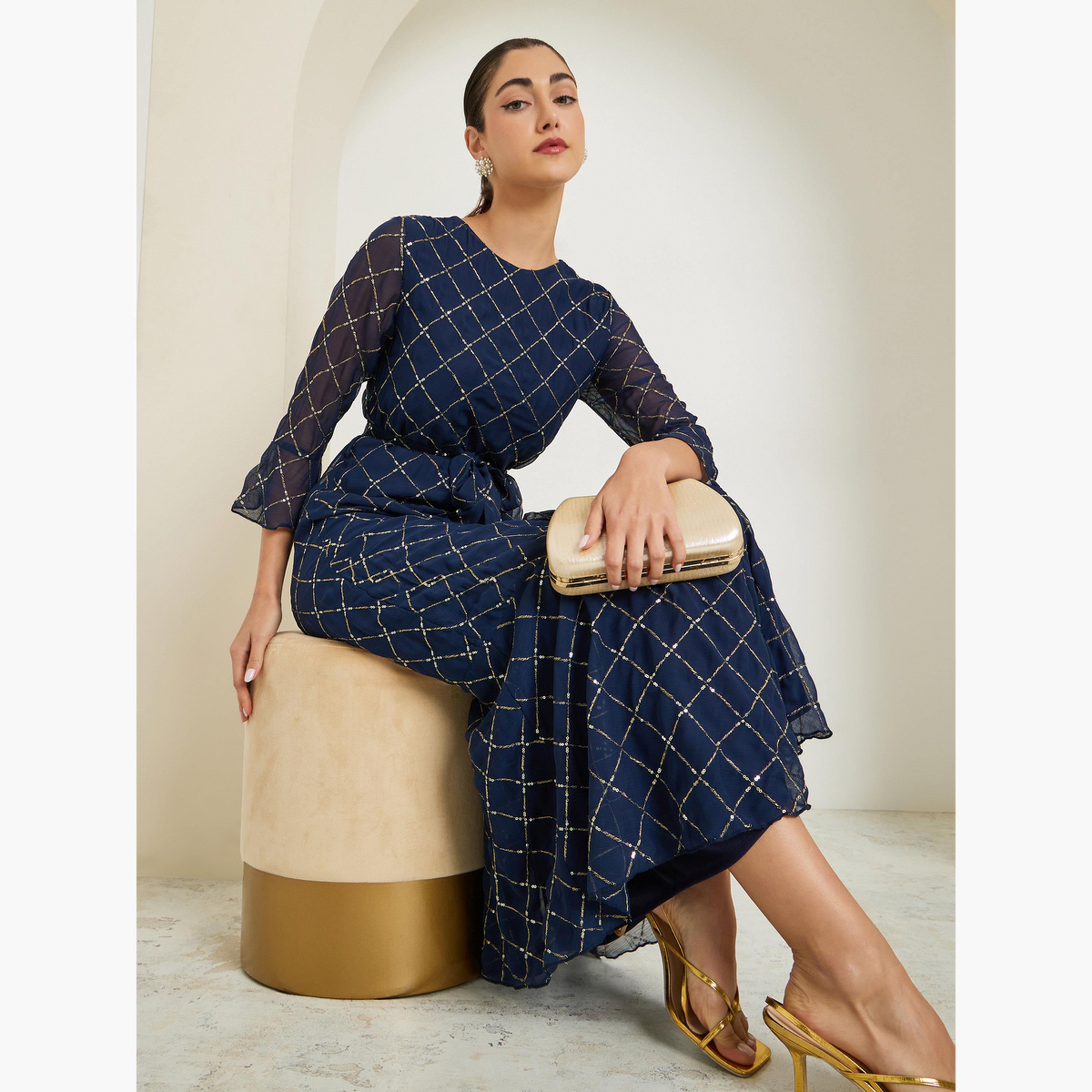 فستان طويل مزين بالترتر بأكمام 3/4-women-clothing-dresses-image-2