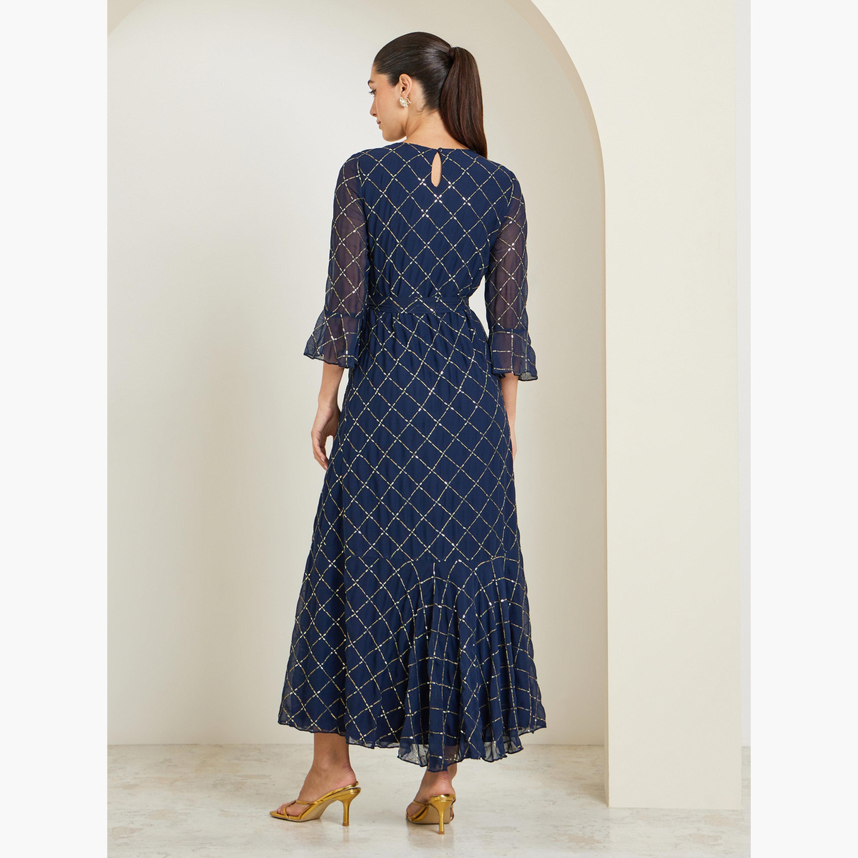 Styli Blue Embellished Sequin Maxi Dress with 3/4 Sleeves-women-clothing-dresses-image-3