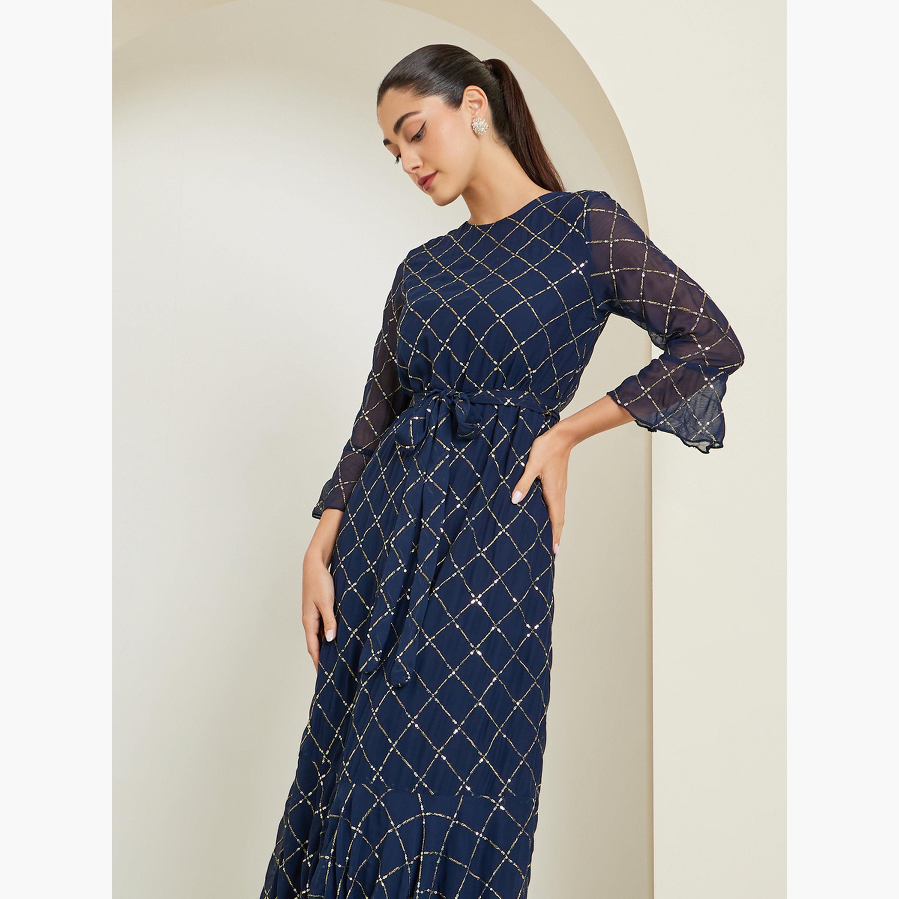 فستان طويل مزين بالترتر بأكمام 3/4-women-clothing-dresses-image-4