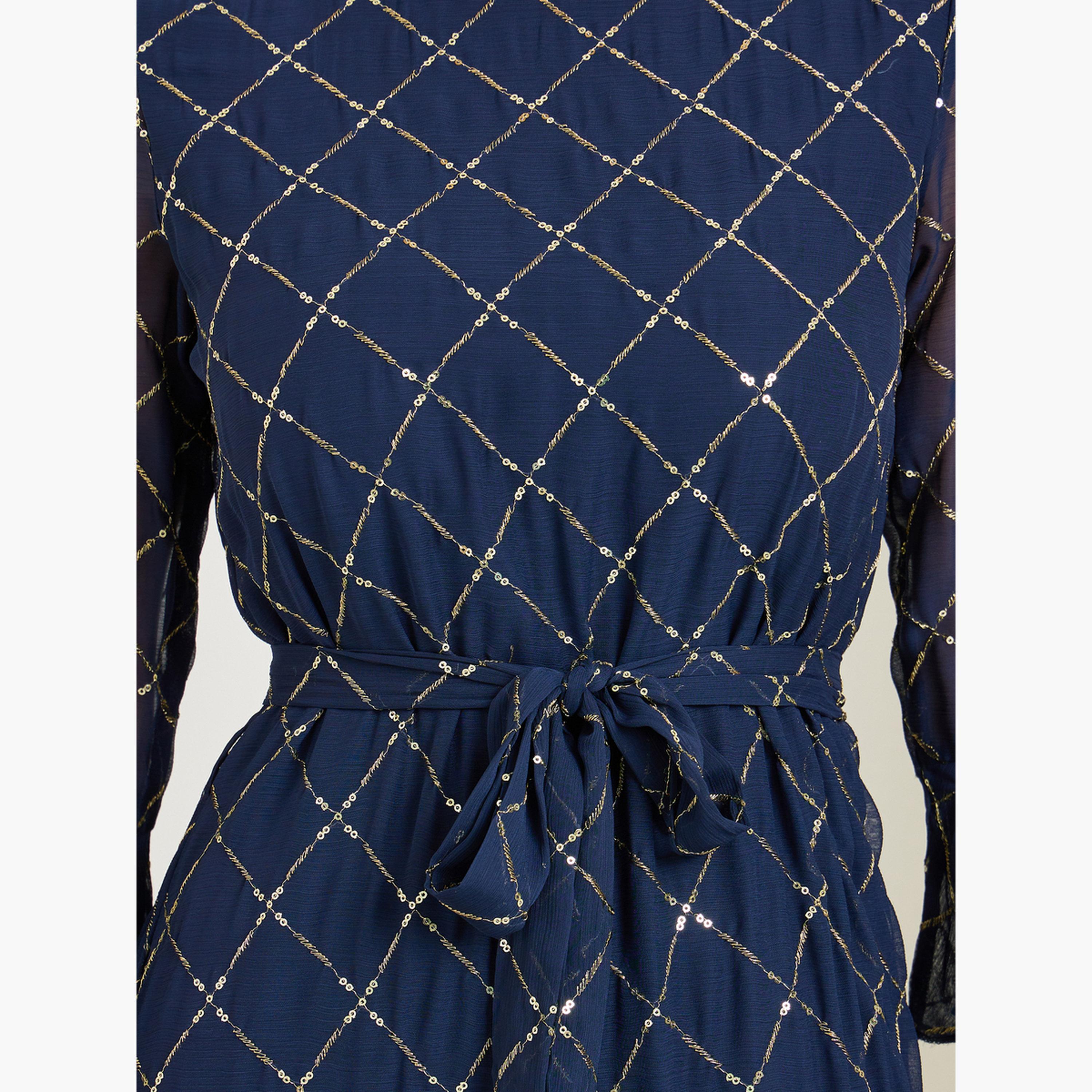 Styli Blue Embellished Sequin Maxi Dress with 3/4 Sleeves-women-clothing-dresses-image-5