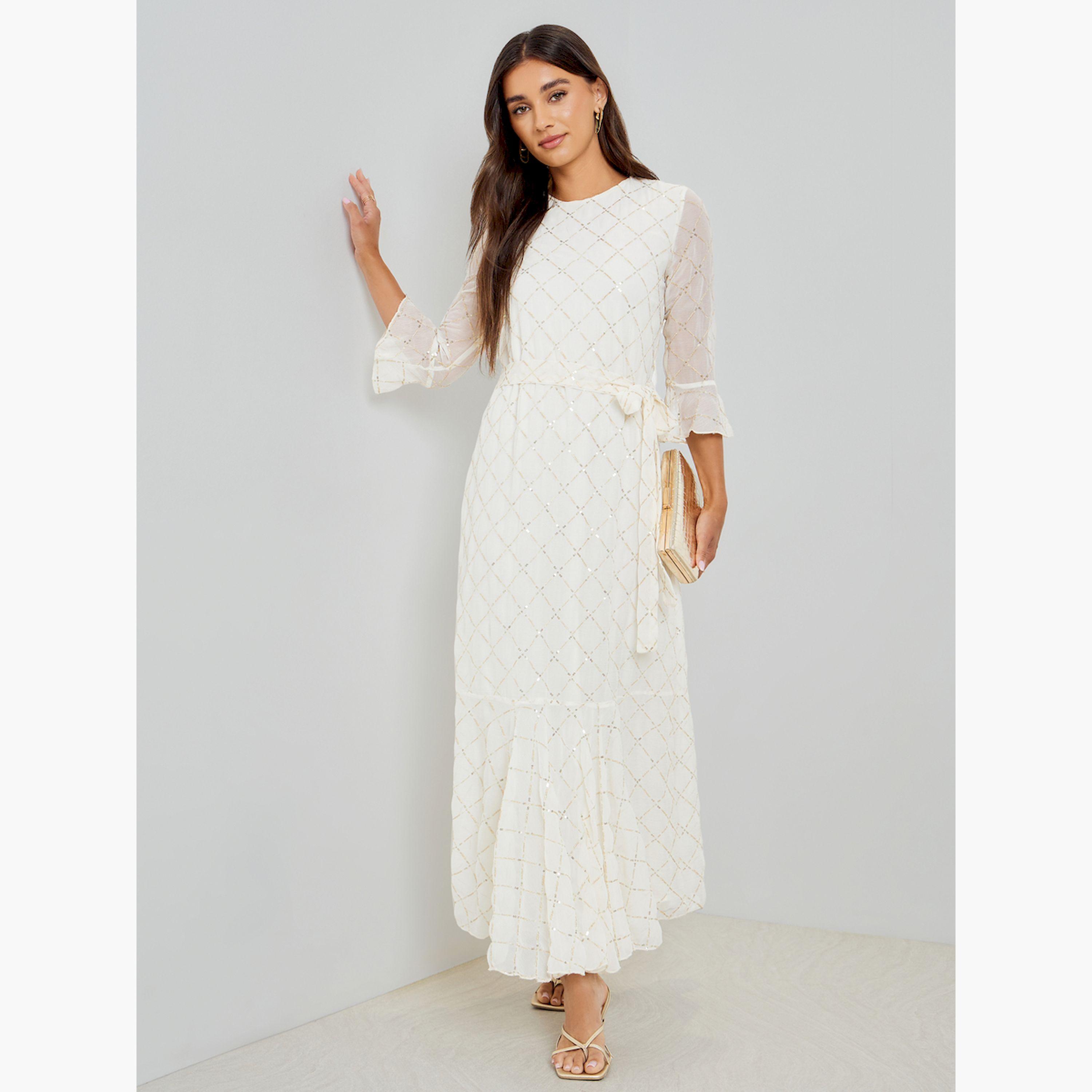 Styli Off White Sequin Maxi Dress with 3/4 Sleeves-women-clothing-dresses-image-1