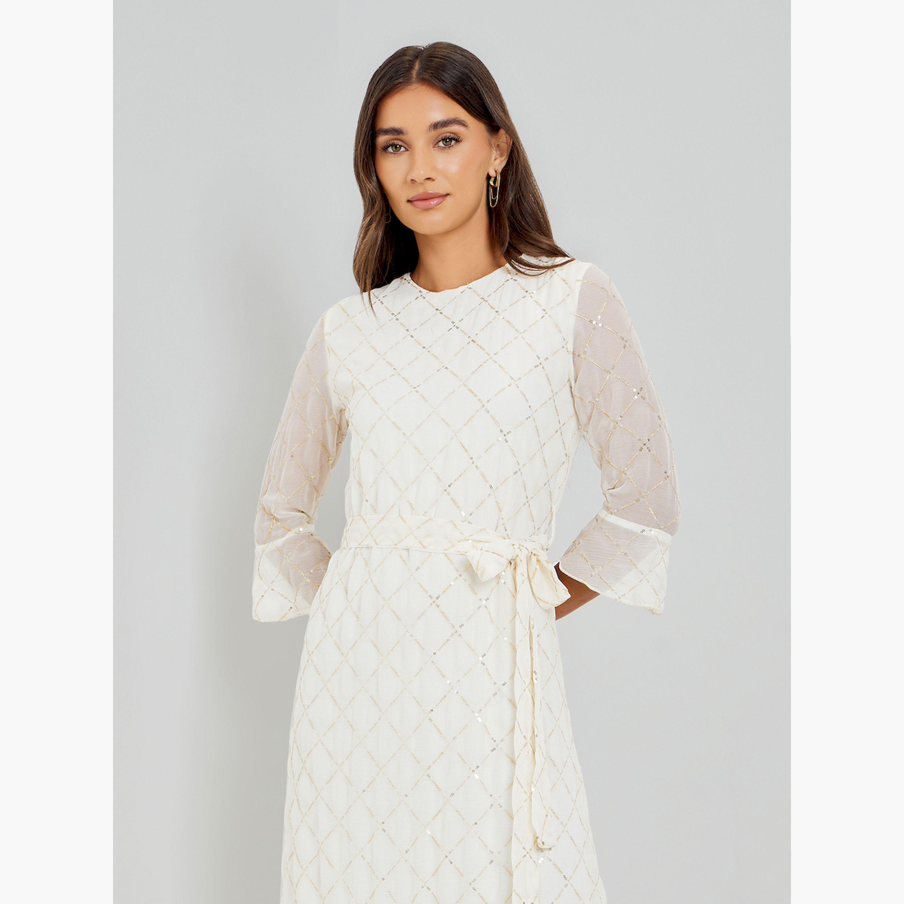 Styli Off White Sequin Maxi Dress with 3/4 Sleeves-women-clothing-dresses-image-2