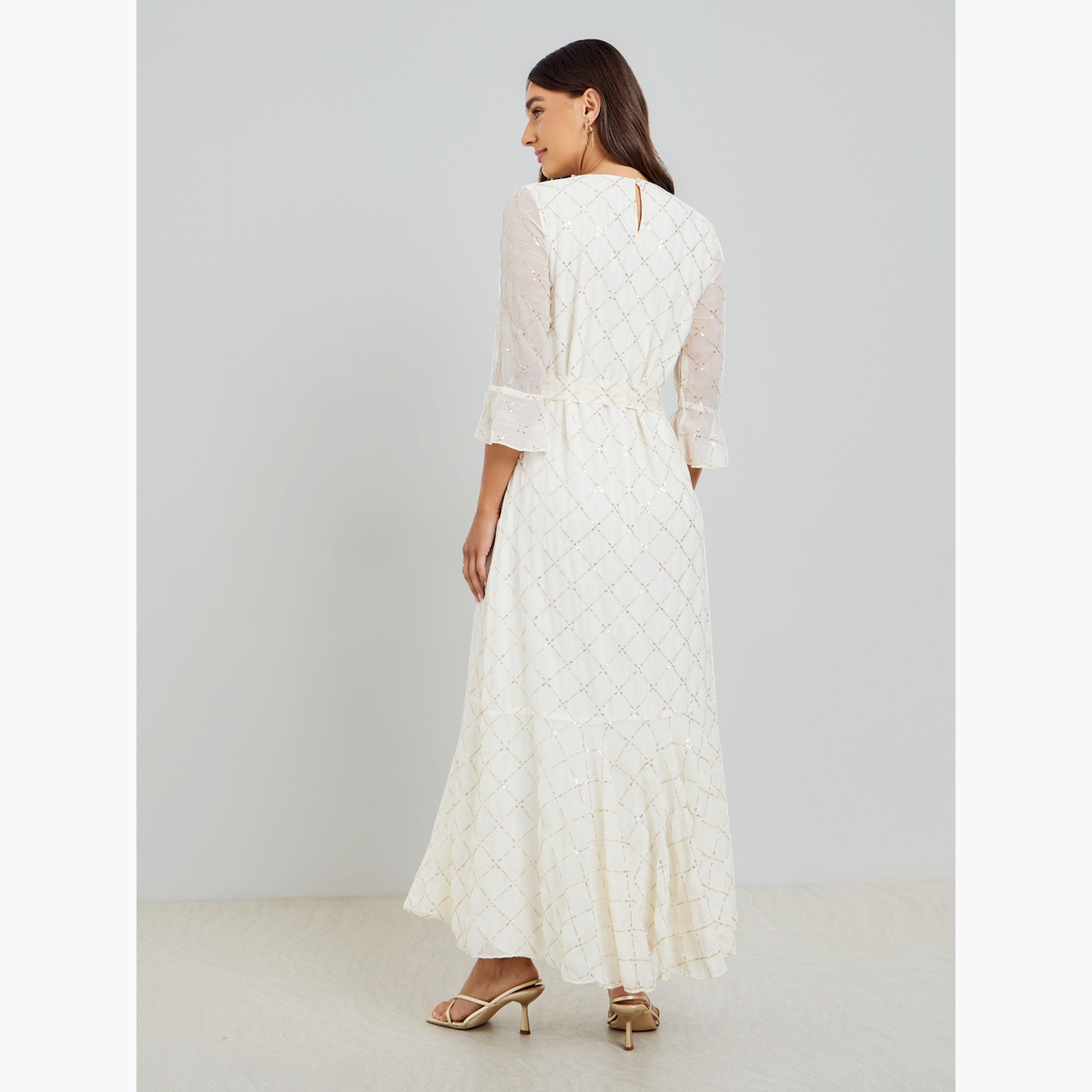 Styli Off White Sequin Maxi Dress with 3/4 Sleeves-women-clothing-dresses-image-5