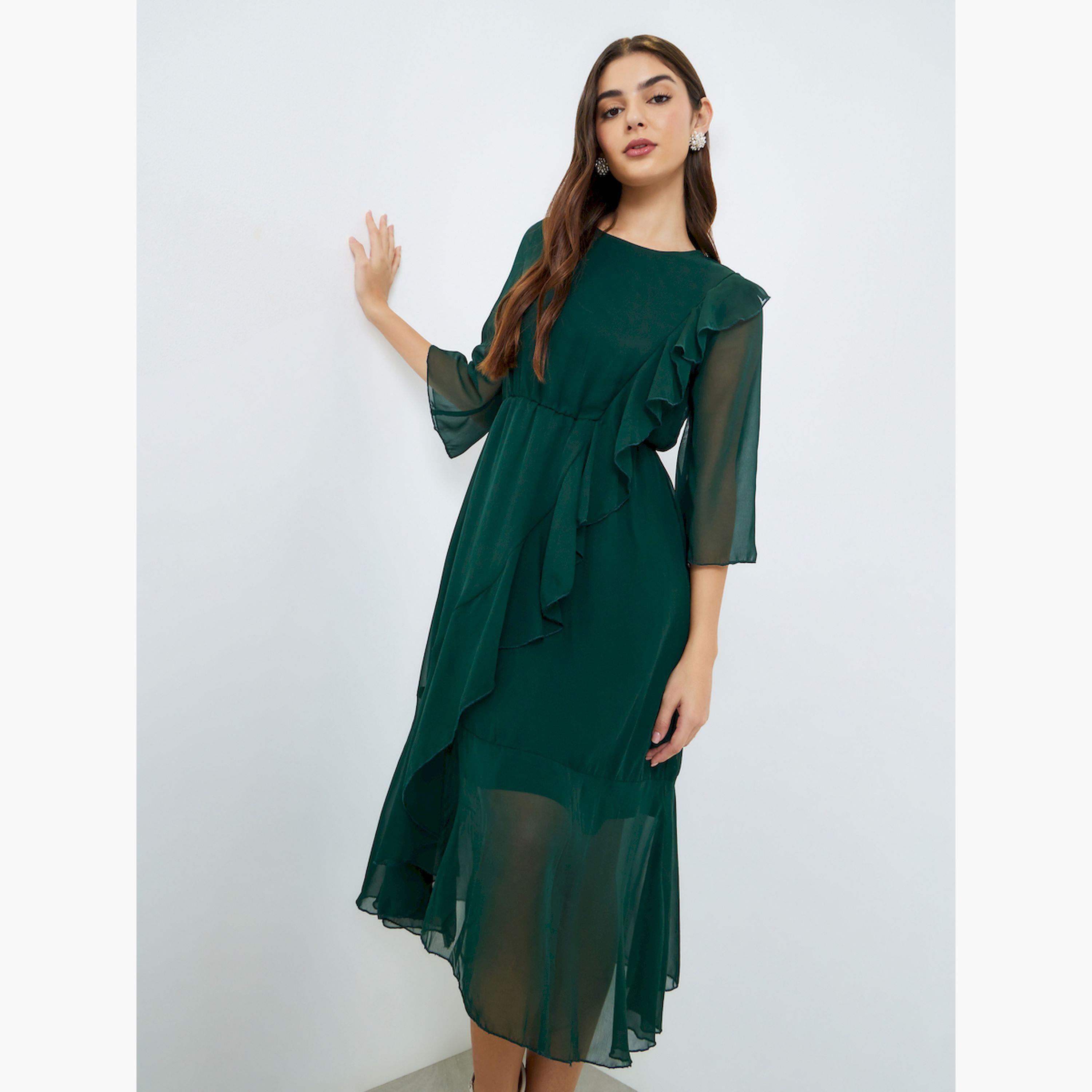 Styli Green A-Line Midi Dress with Ruffle Detail-women-clothing-dresses-image-1