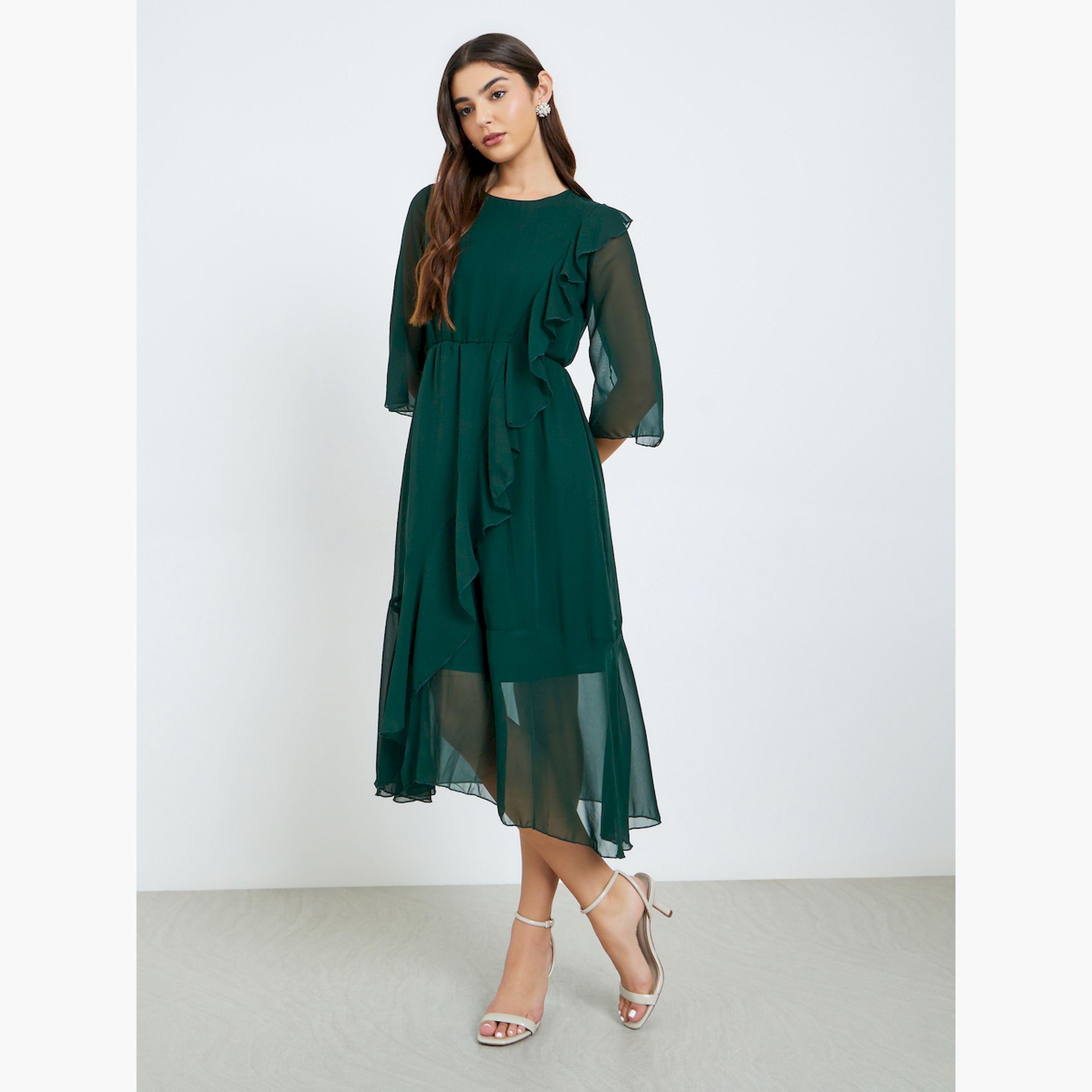 Styli Green A-Line Midi Dress with Ruffle Detail-women-clothing-dresses-image-2