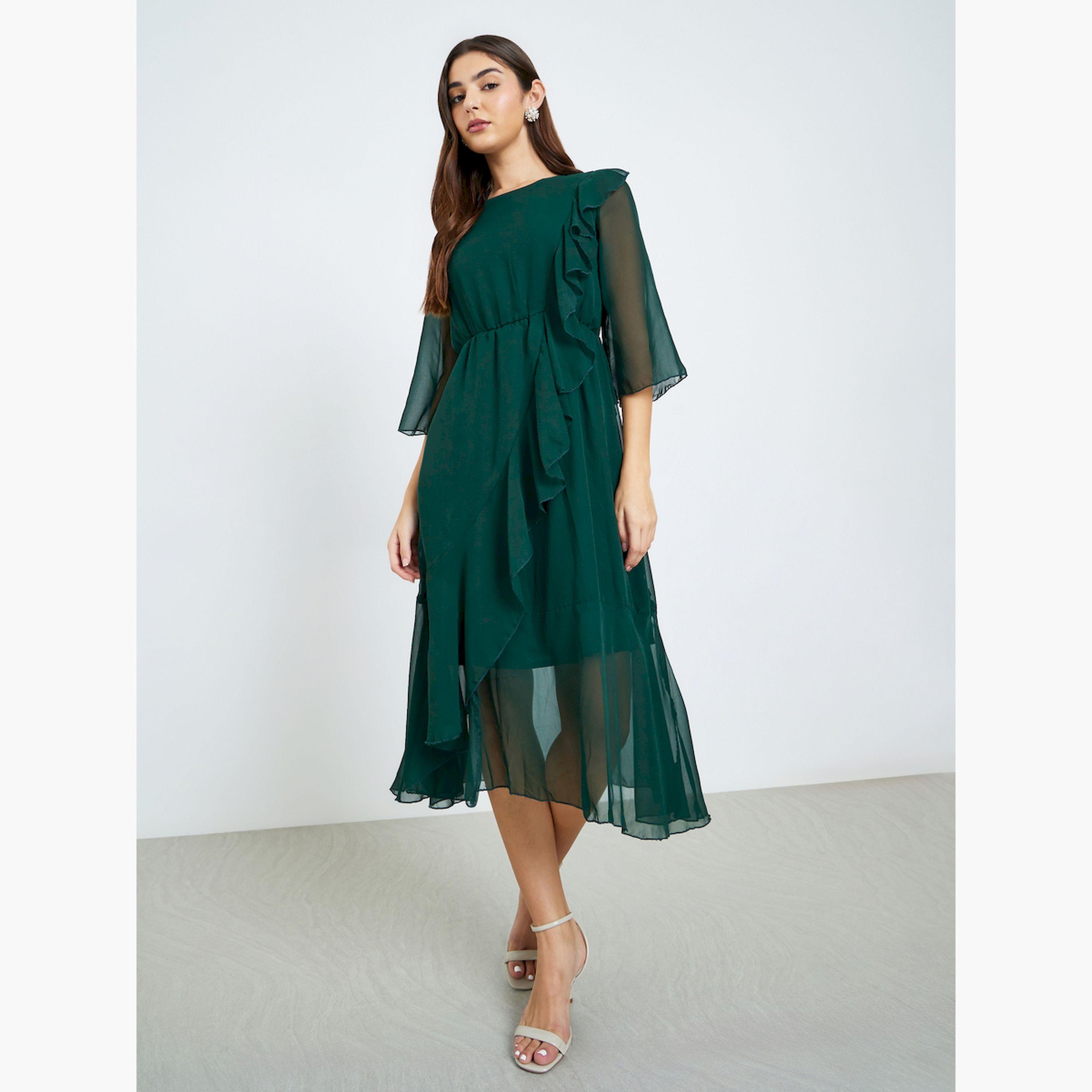 Styli Green A-Line Midi Dress with Ruffle Detail-women-clothing-dresses-image-3