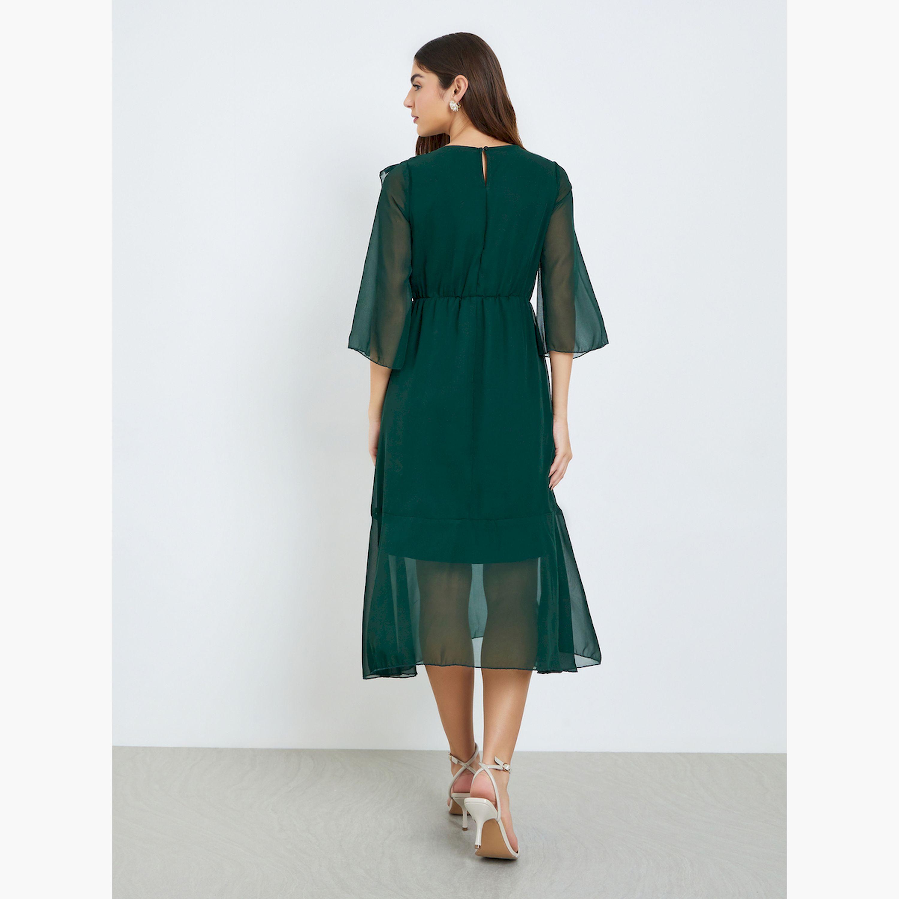 Styli Green A-Line Midi Dress with Ruffle Detail-women-clothing-dresses-image-5