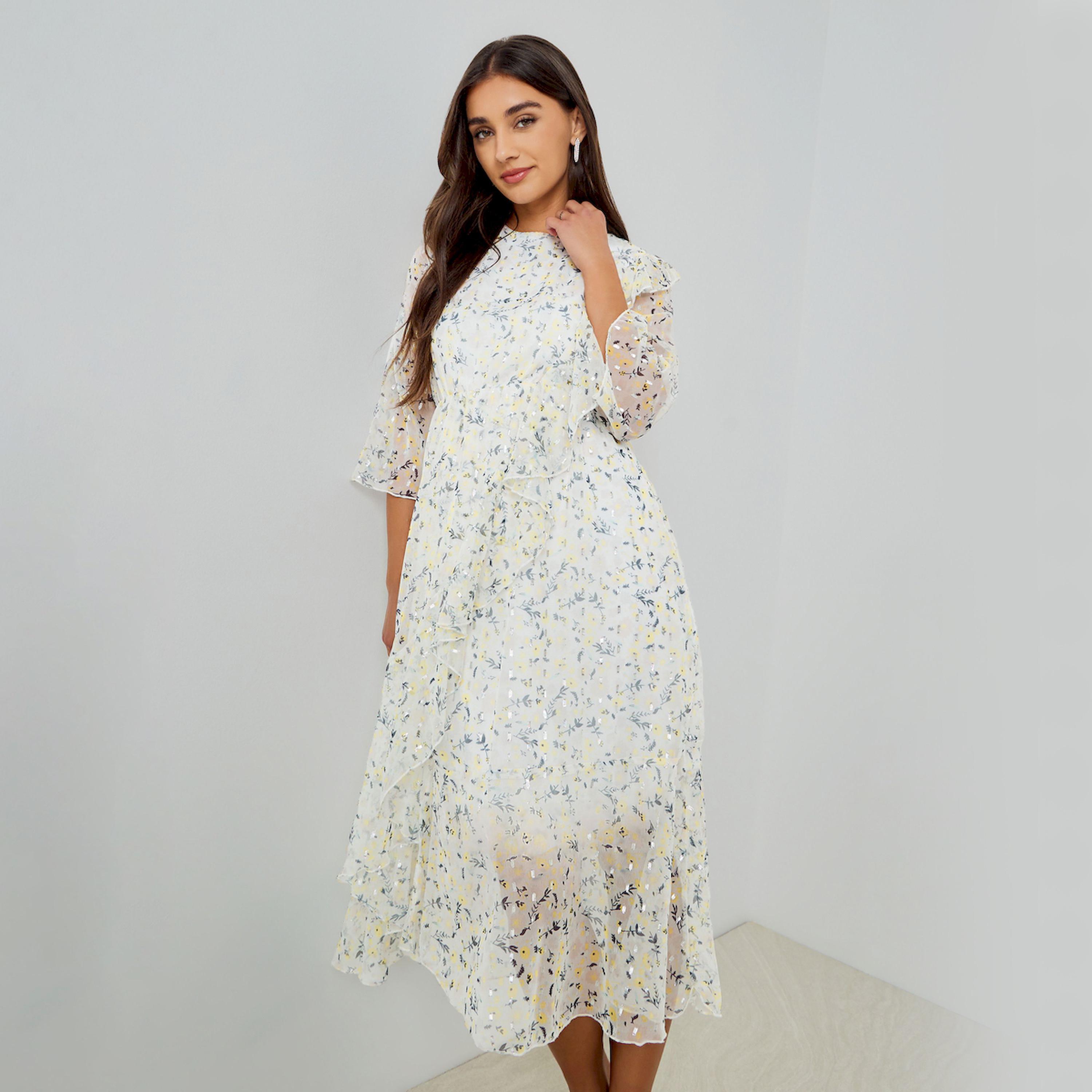 Styli Women Off White Floral Print Midi Dress with 3/4 Sleeves-women-clothing-dresses-image-1