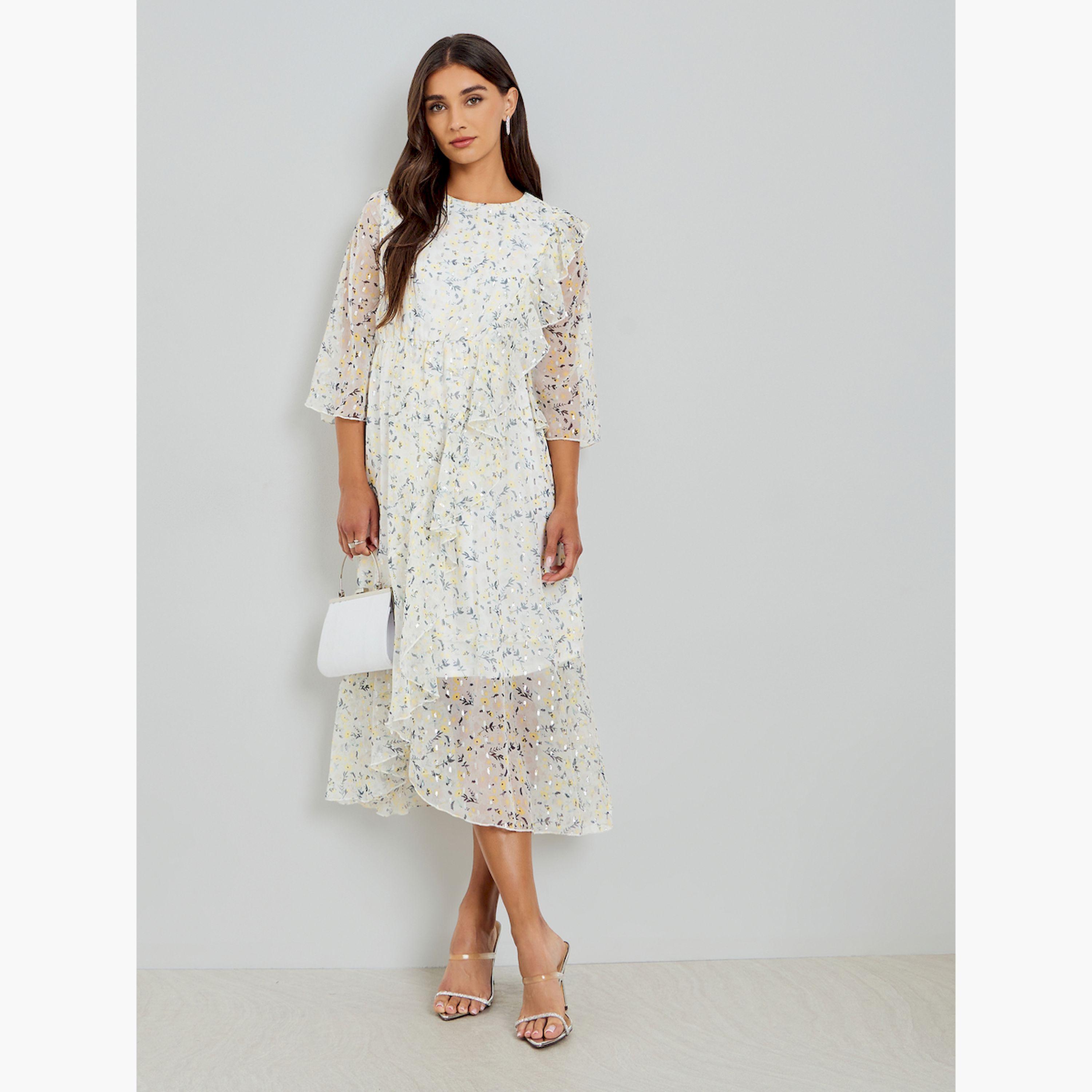 Styli Women Off White Floral Print Midi Dress with 3/4 Sleeves-women-clothing-dresses-image-2