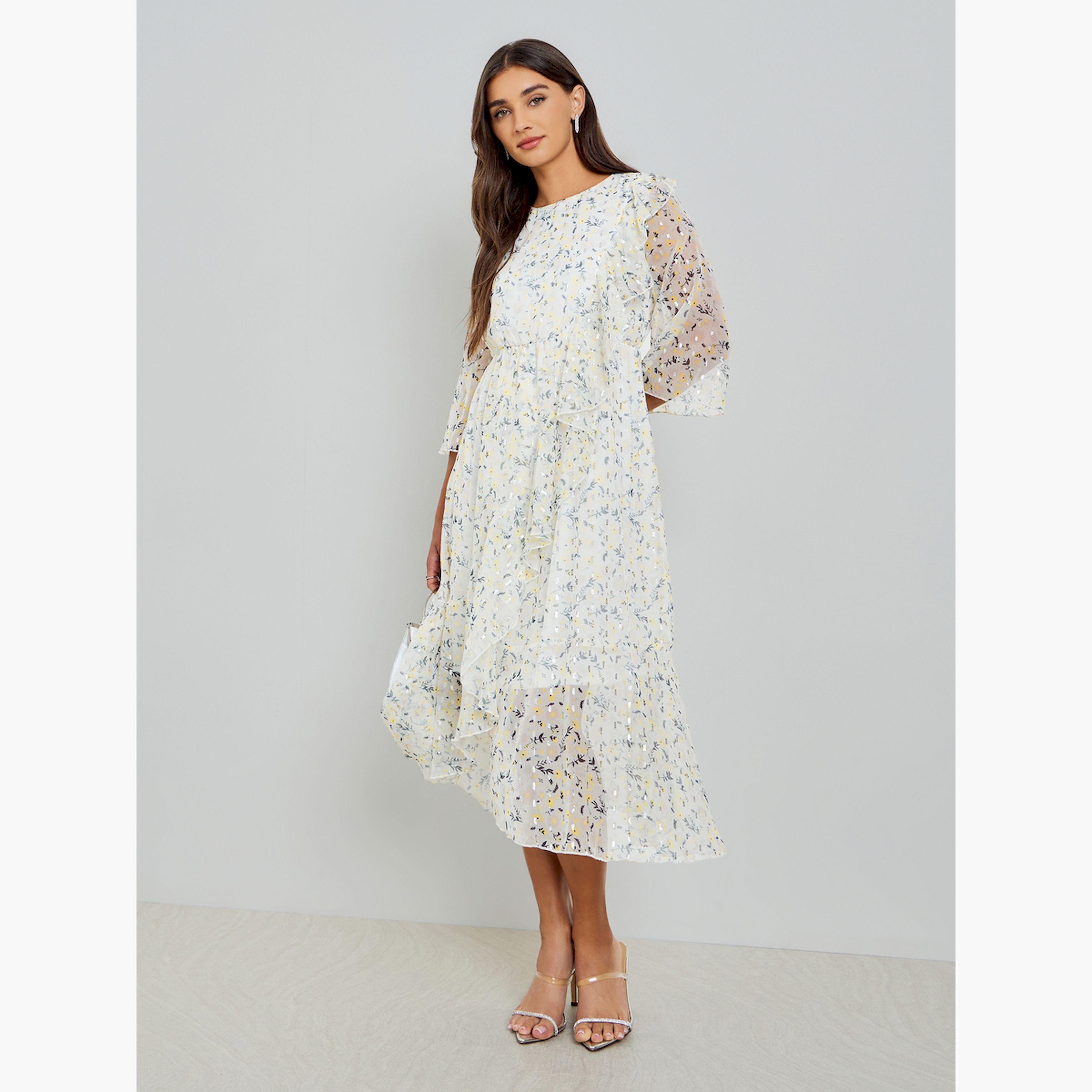 Styli Women Off White Floral Print Midi Dress with 3/4 Sleeves-women-clothing-dresses-image-3