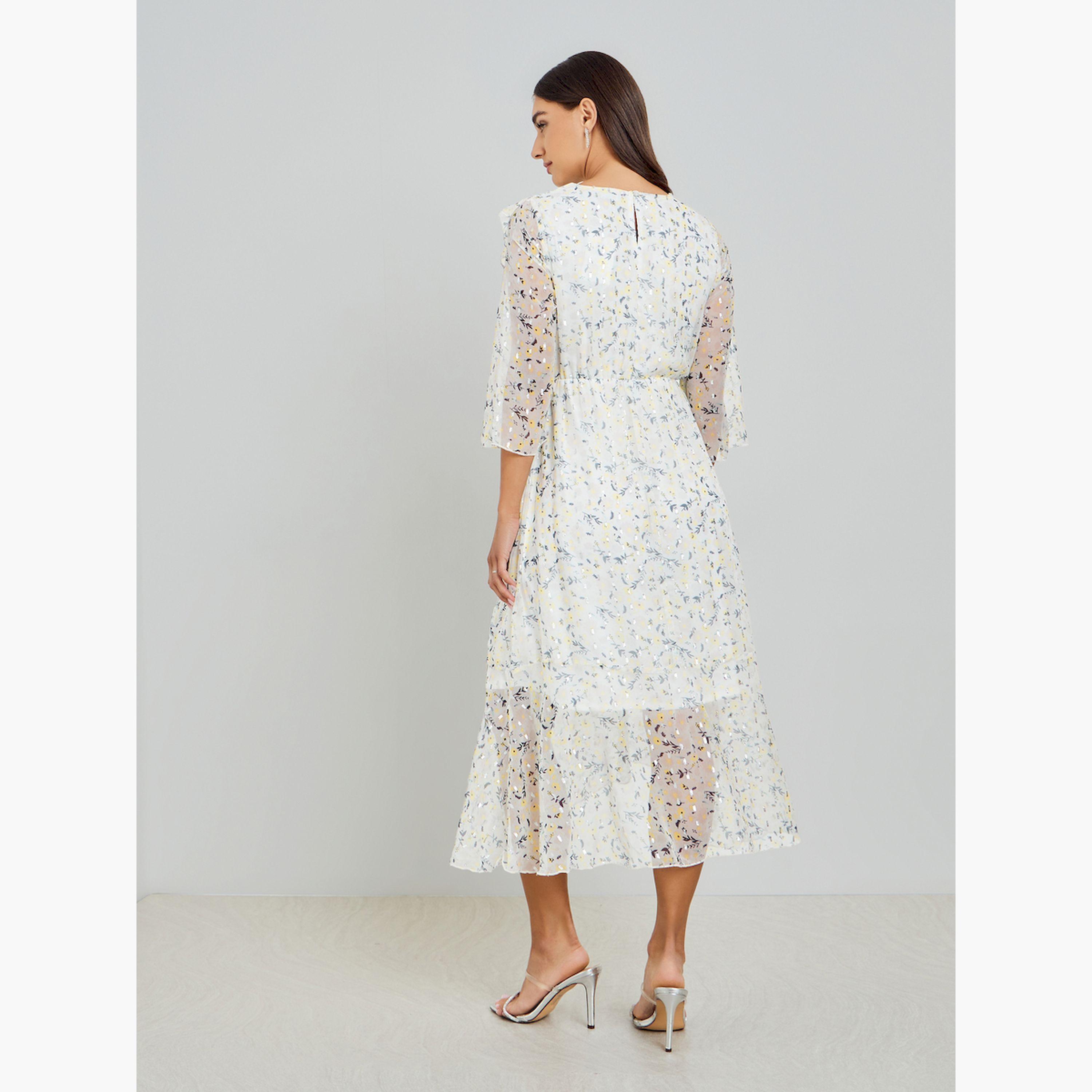 Styli Women Off White Floral Print Midi Dress with 3/4 Sleeves-women-clothing-dresses-image-5