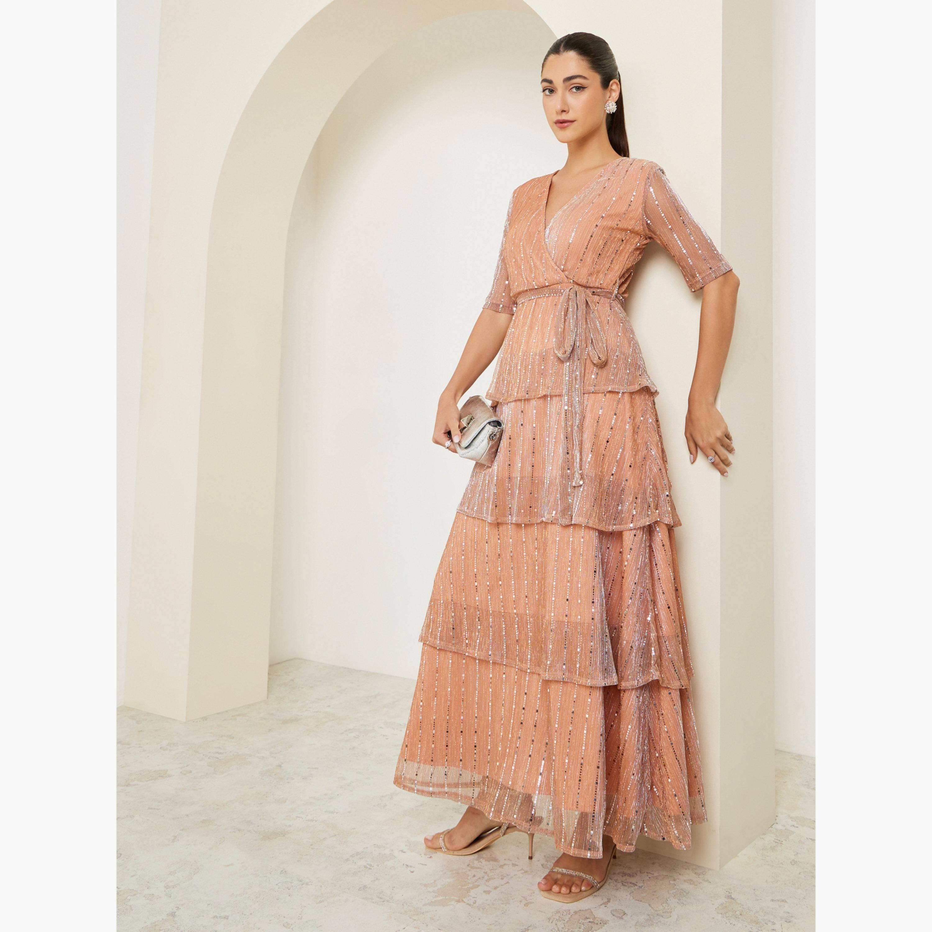 Styli Golden Sequin V-Neck Tiered Maxi Dress-women-clothing-dresses-image-2