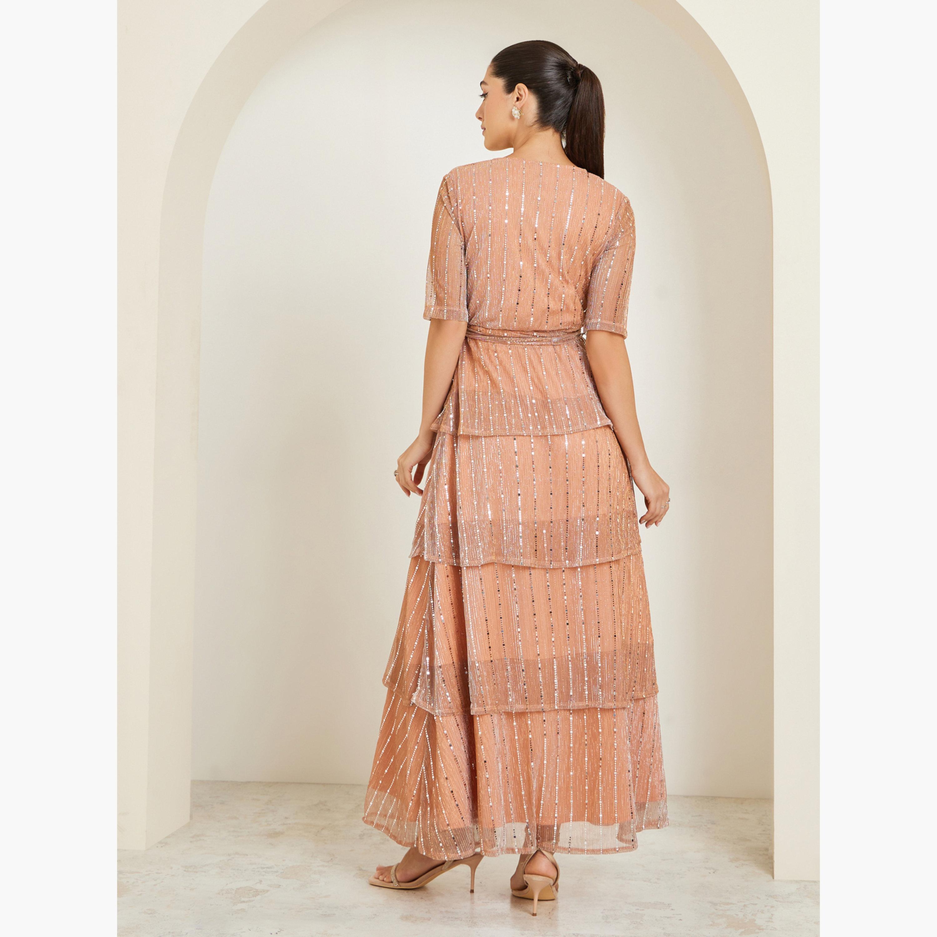Styli Golden Sequin V-Neck Tiered Maxi Dress-women-clothing-dresses-image-3
