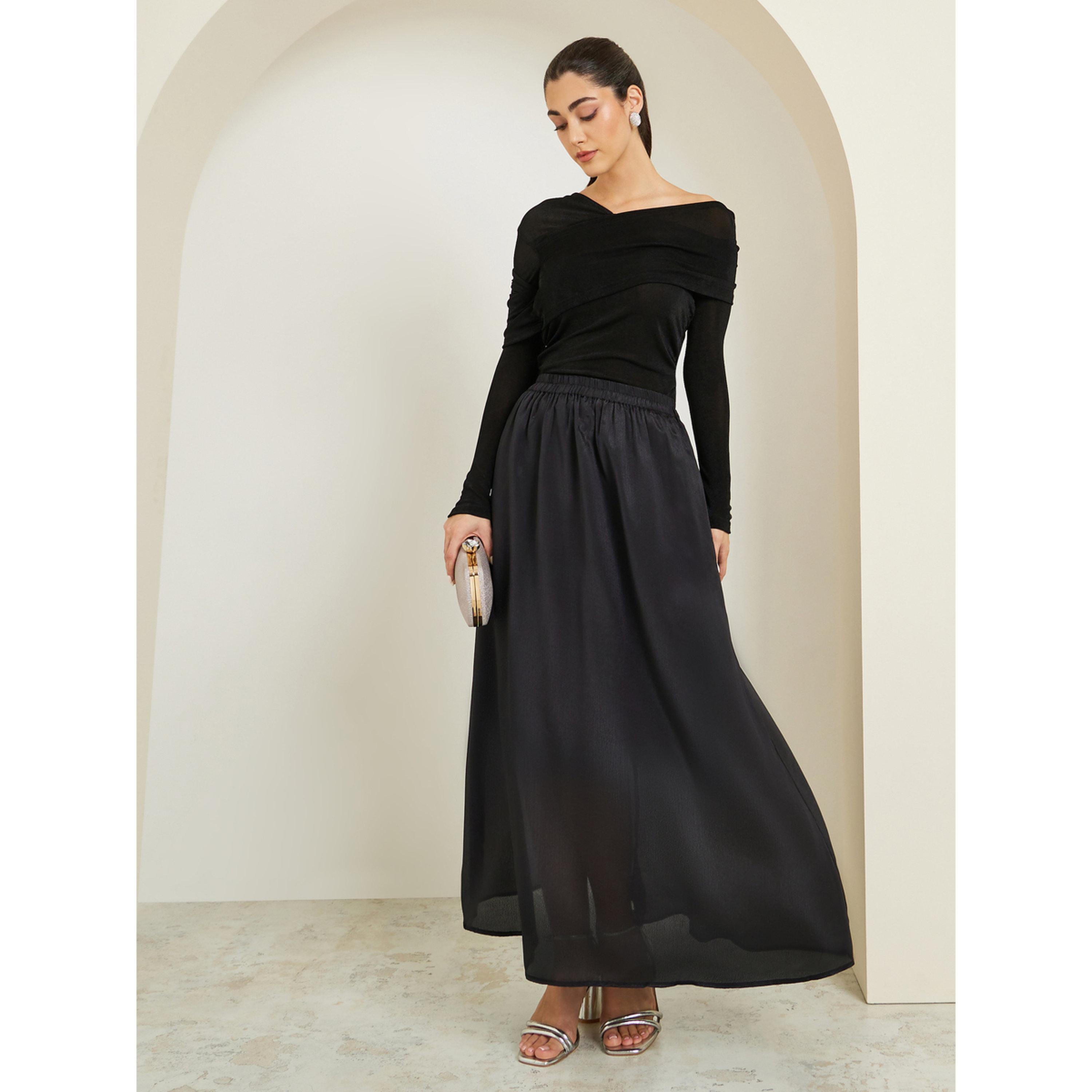Styli Black Solid A-Line Maxi Skirt-women-clothing-bottoms-skirts-image-2