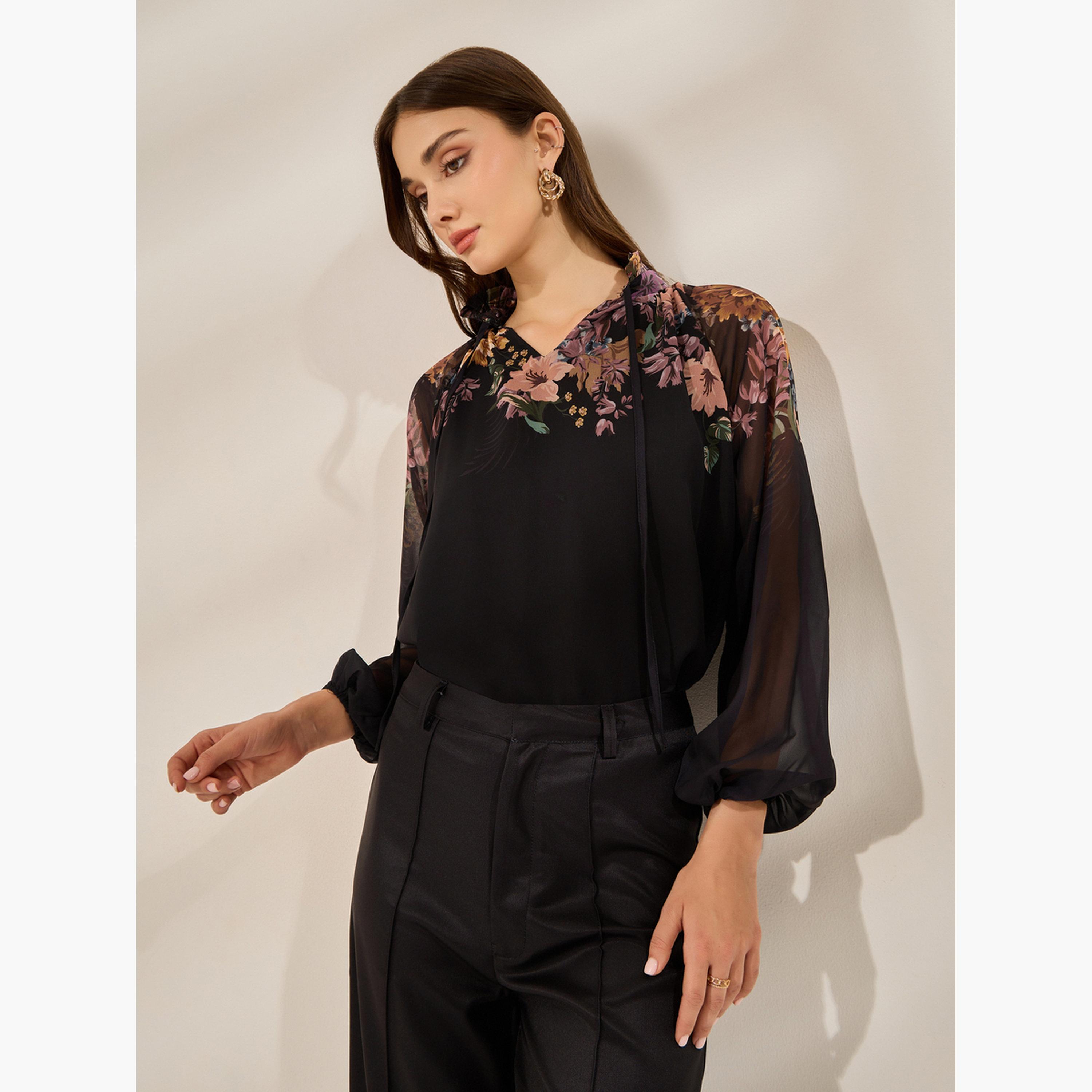 ستايلي - بلوزة سوداء بطبعة زهور بأكمام طويلة-women-clothing-shirtsandblouses-blouses-image-1