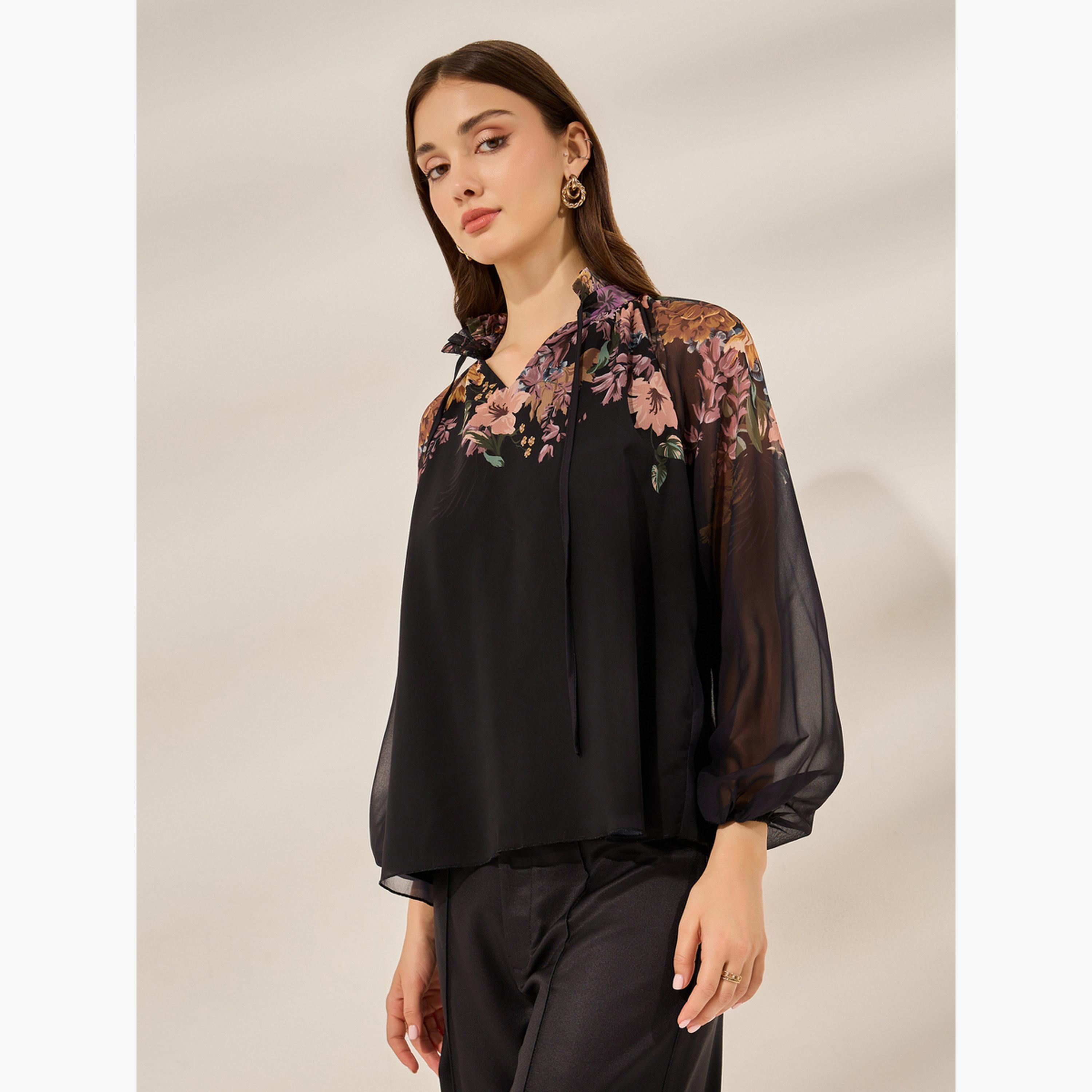 Styli Black Floral Print Long Sleeve Top-women-clothing-shirtsandblouses-blouses-image-3