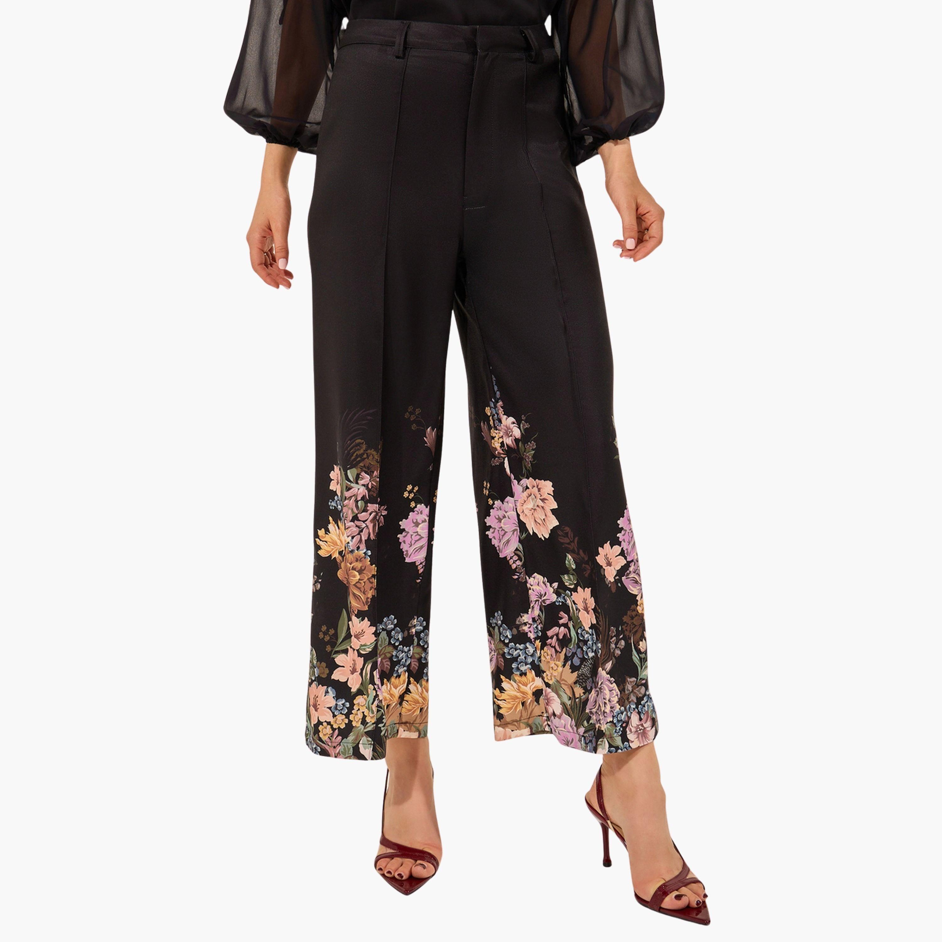 ستايلي - بنطال أسود واسع الساق مع حافة موردة-women-clothing-bottoms-trousers-image-1
