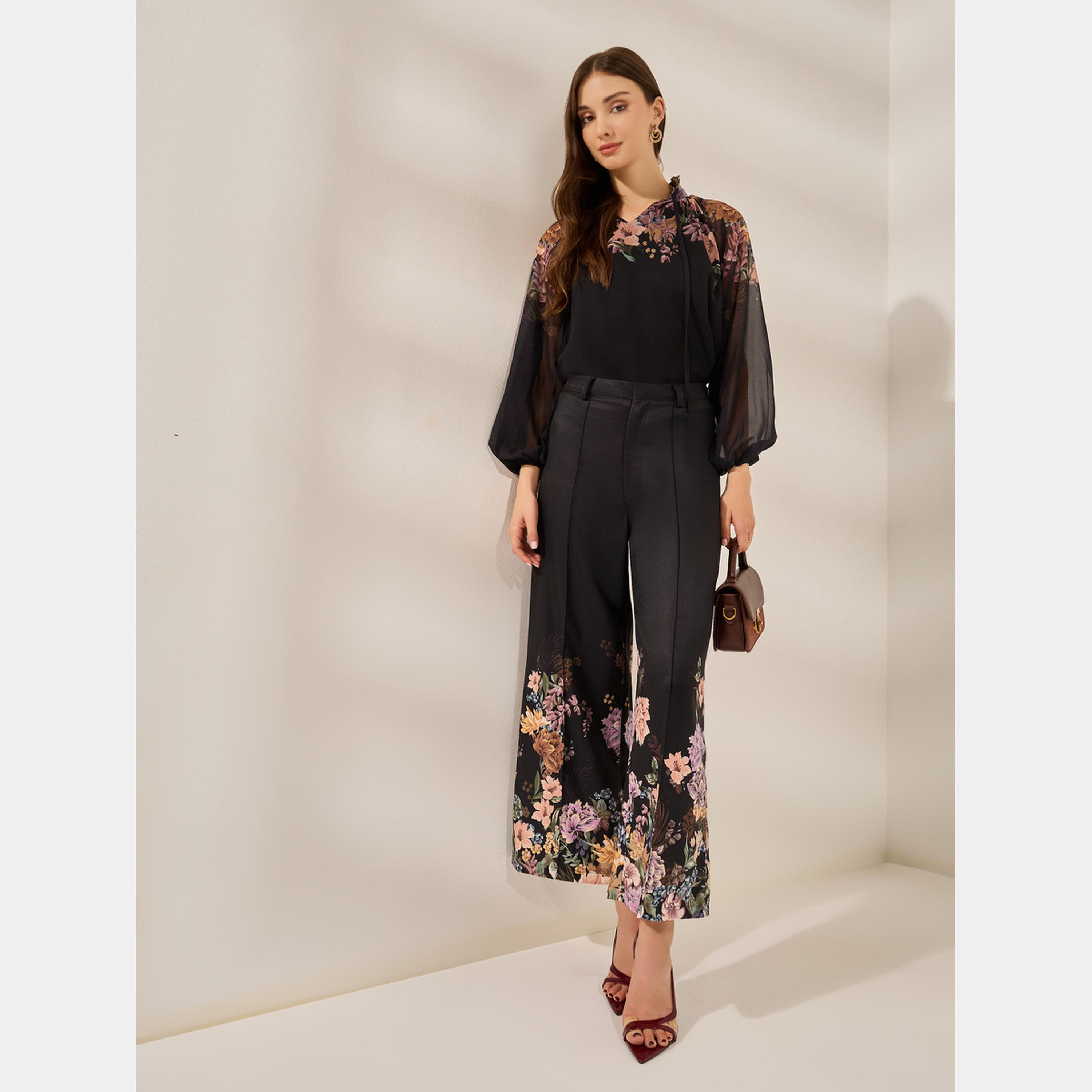 Styli Black Wide Leg Trousers with Floral Hem-women-clothing-bottoms-trousers-image-2