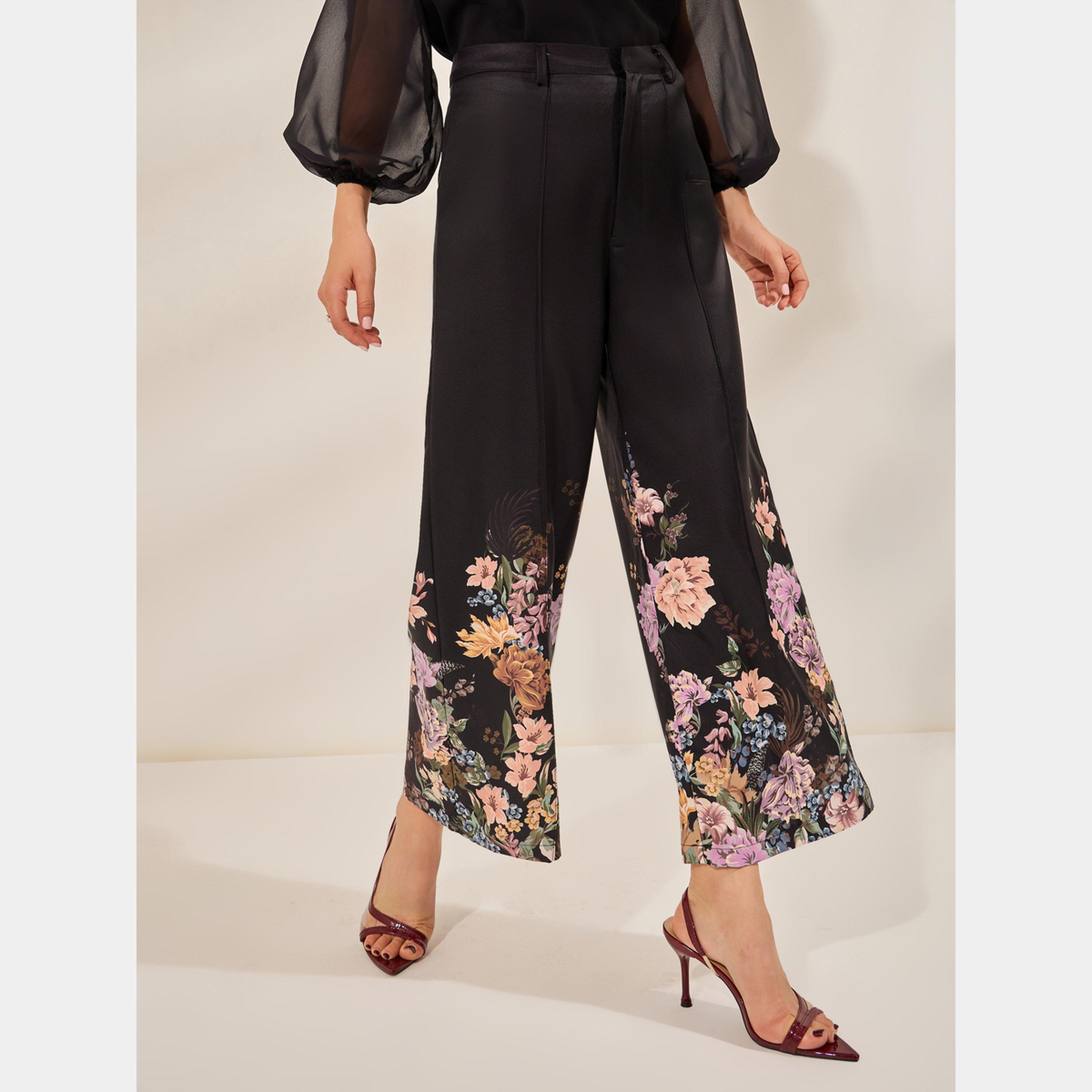 ستايلي - بنطال أسود واسع الساق مع حافة موردة-women-clothing-bottoms-trousers-image-3