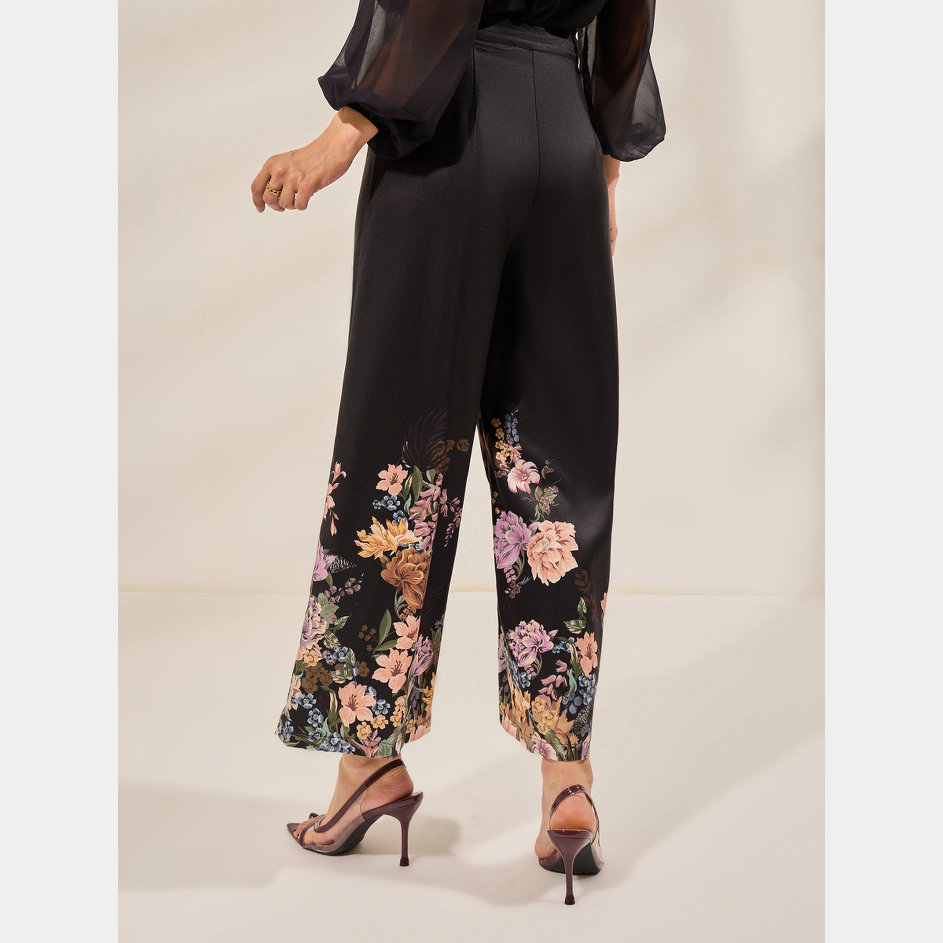 Styli Black Wide Leg Trousers with Floral Hem-women-clothing-bottoms-trousers-image-5