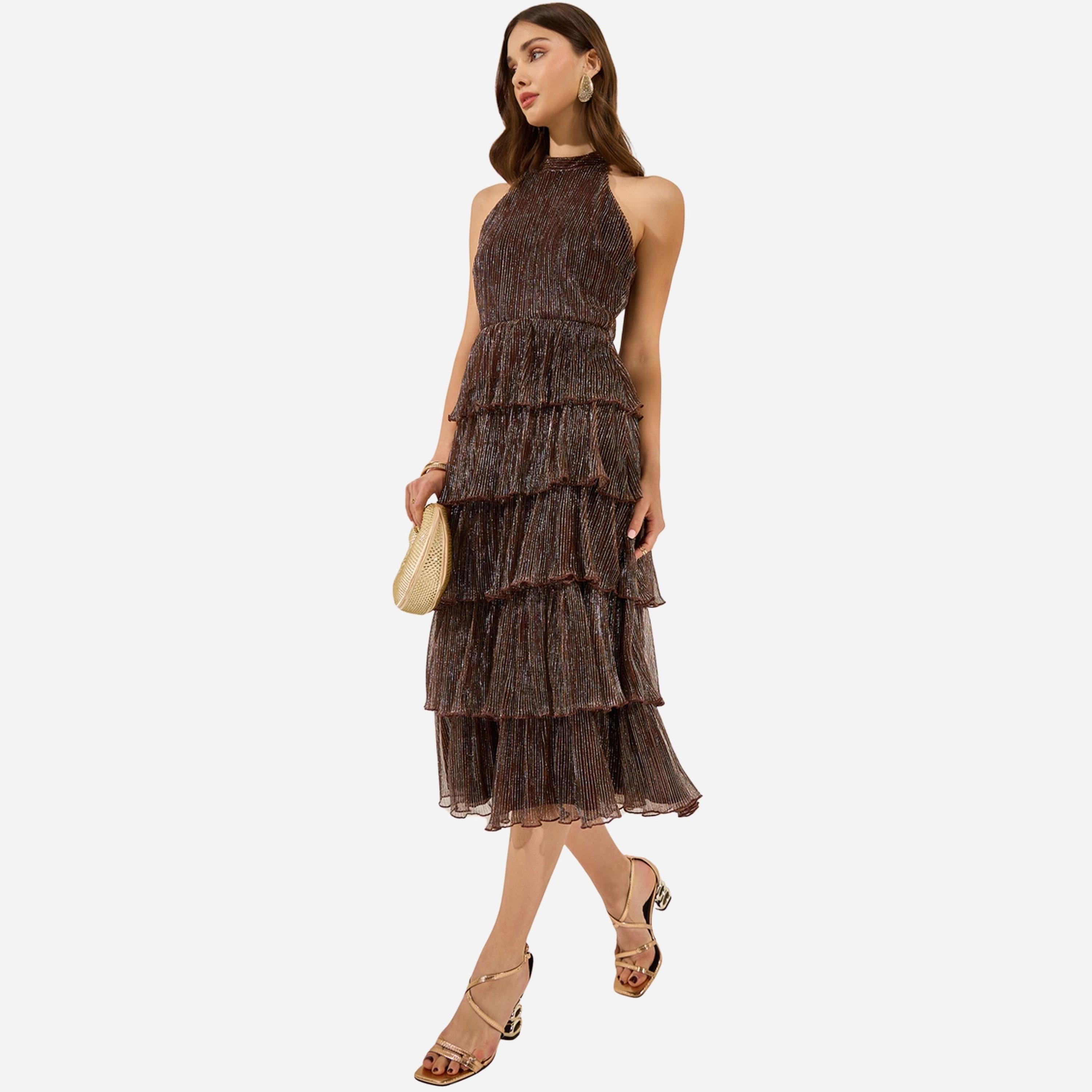 ستايلي - فستان متوسط الطول لون بني لامع بدون أكمام متعدد الطبقات-women-clothing-dresses-image-1