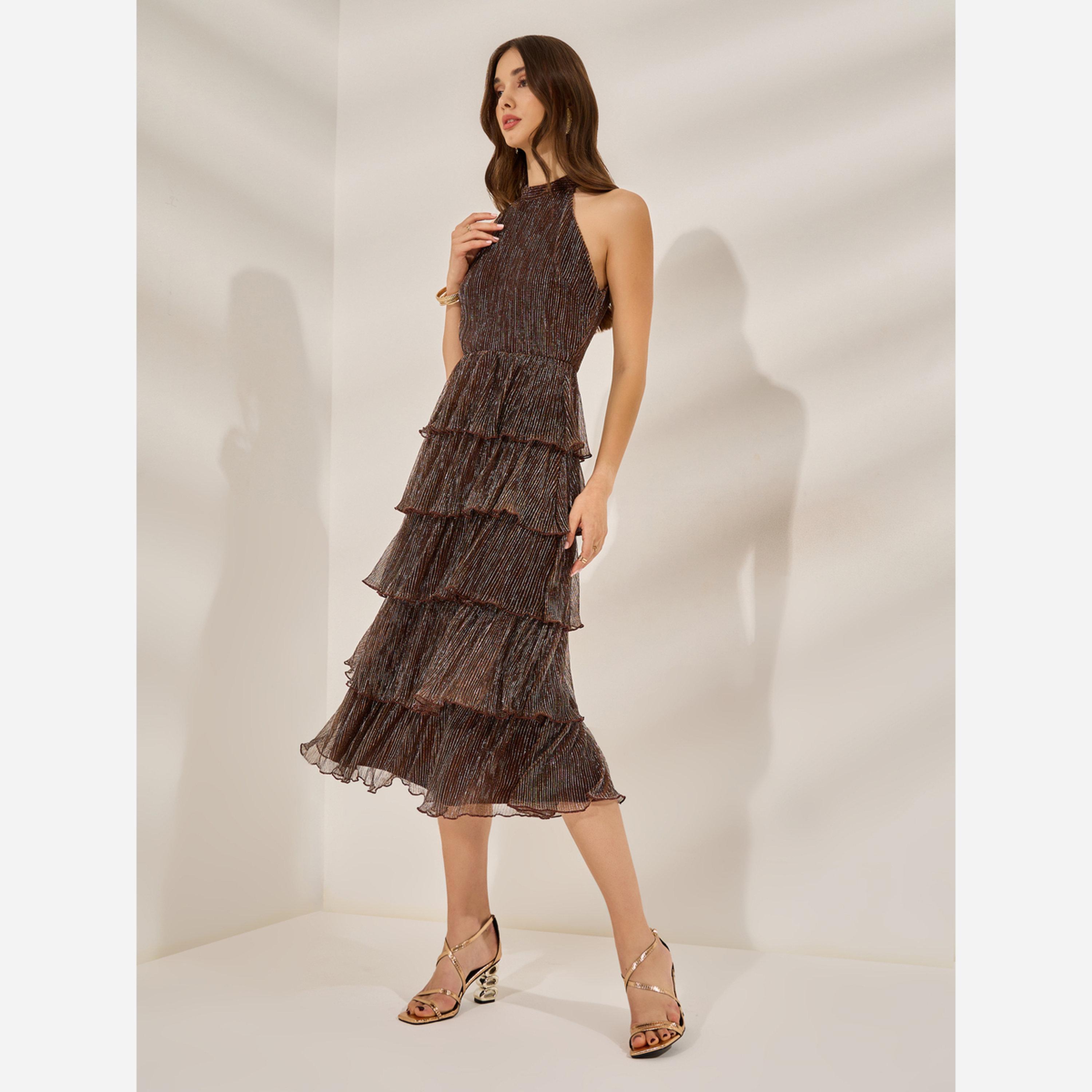 ستايلي - فستان متوسط الطول لون بني لامع بدون أكمام متعدد الطبقات-women-clothing-dresses-image-2