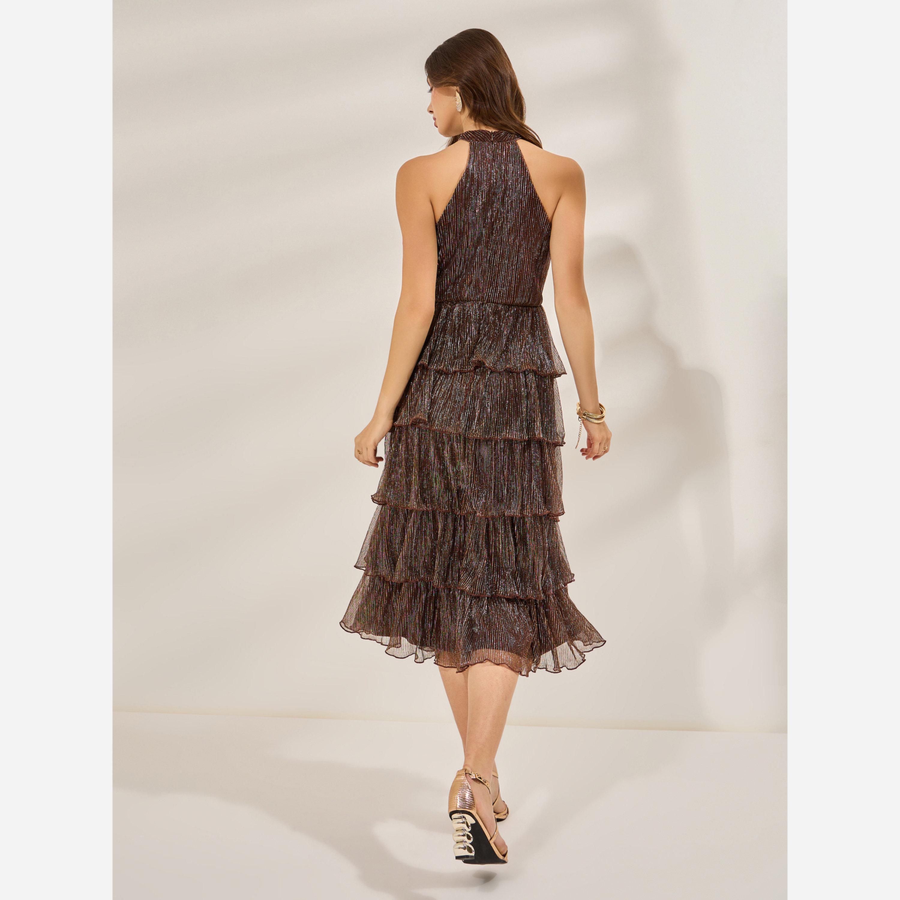 ستايلي - فستان متوسط الطول لون بني لامع بدون أكمام متعدد الطبقات-women-clothing-dresses-image-3