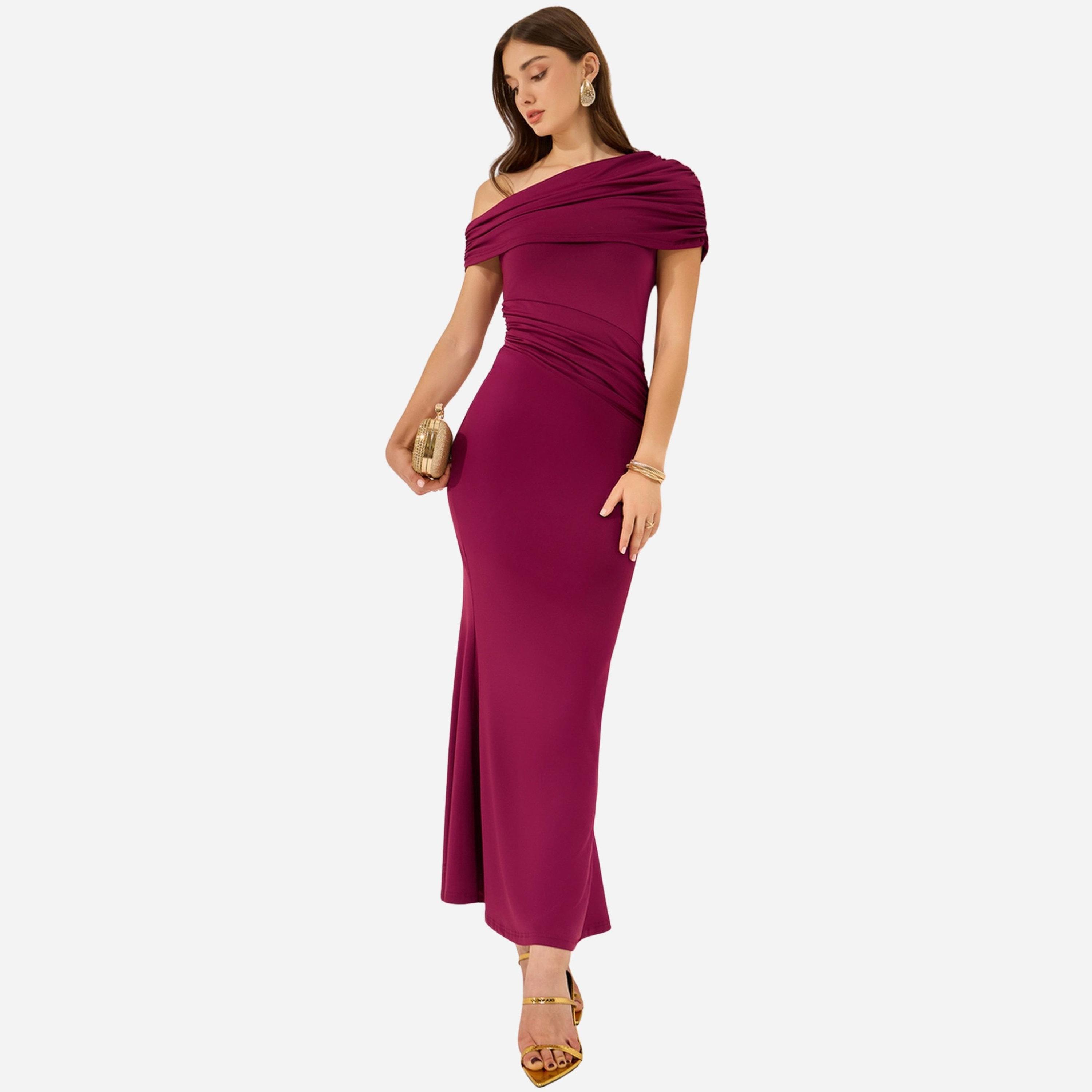 Styli Burgundy Pleated One Shoulder Bodycon Maxi Dress-women-clothing-dresses-image-1