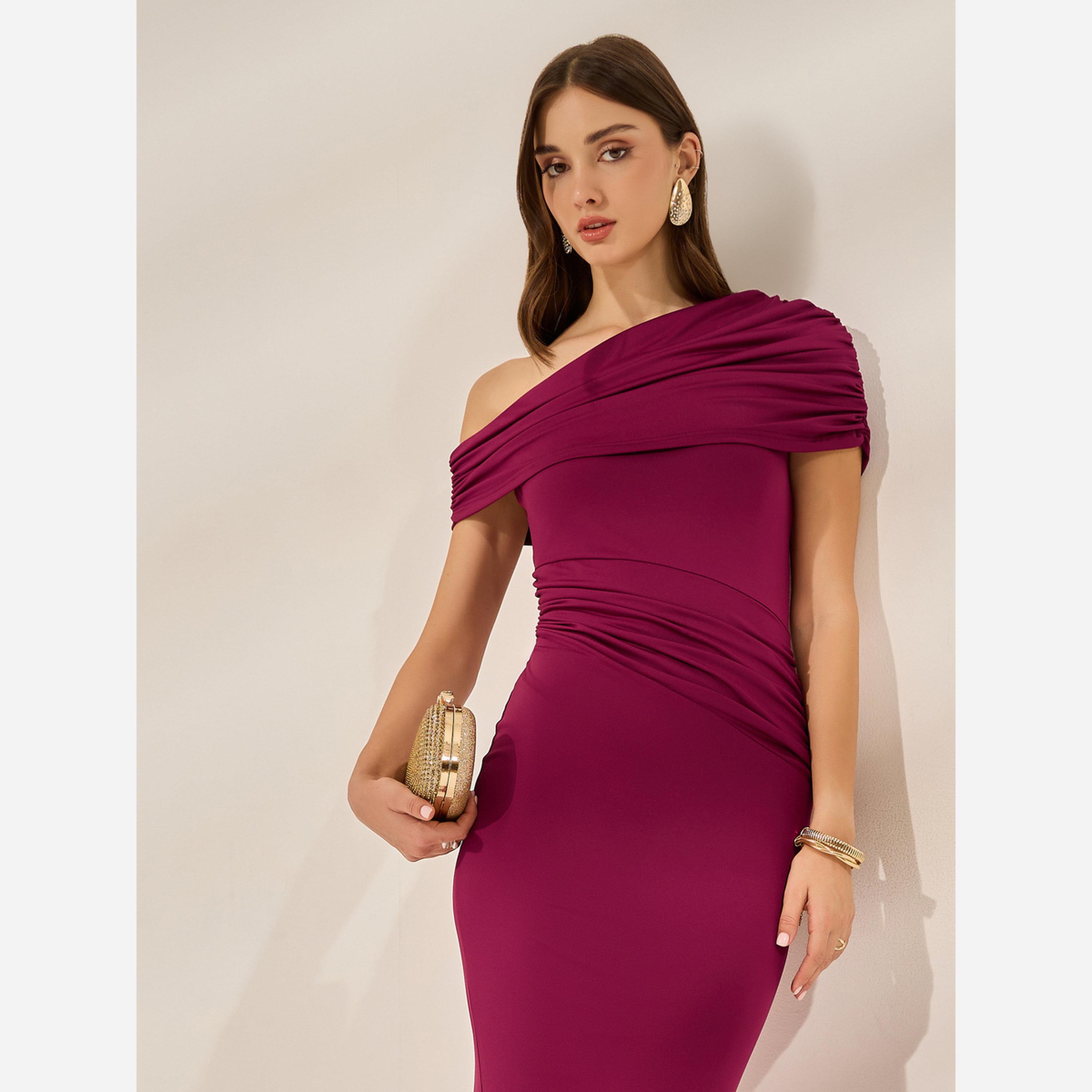 Styli Burgundy Pleated One Shoulder Bodycon Maxi Dress-women-clothing-dresses-image-4