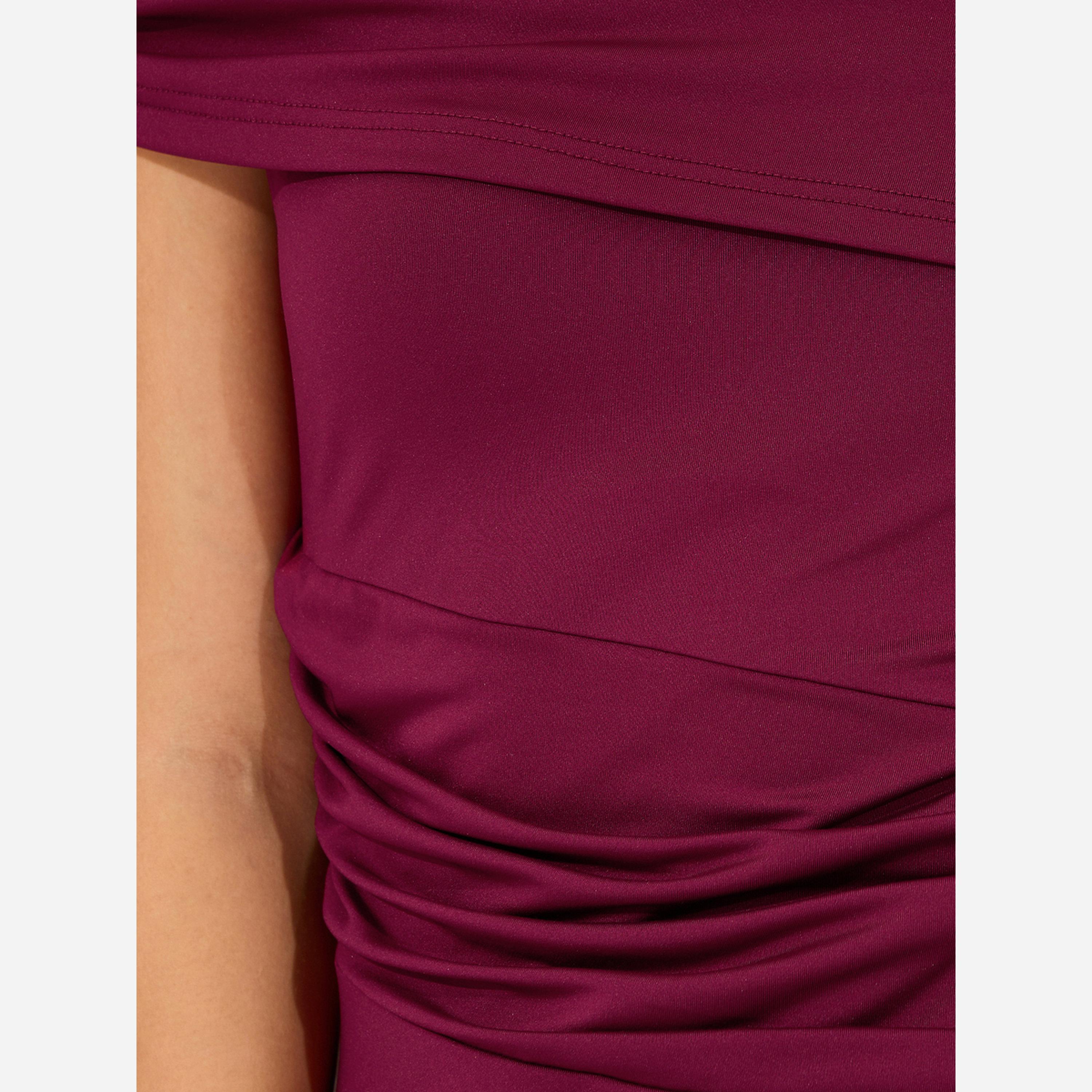 ستايلي - فستان متوسط الطول ضيق لون برغندي مطوي بكتف واحد-women-clothing-dresses-image-5