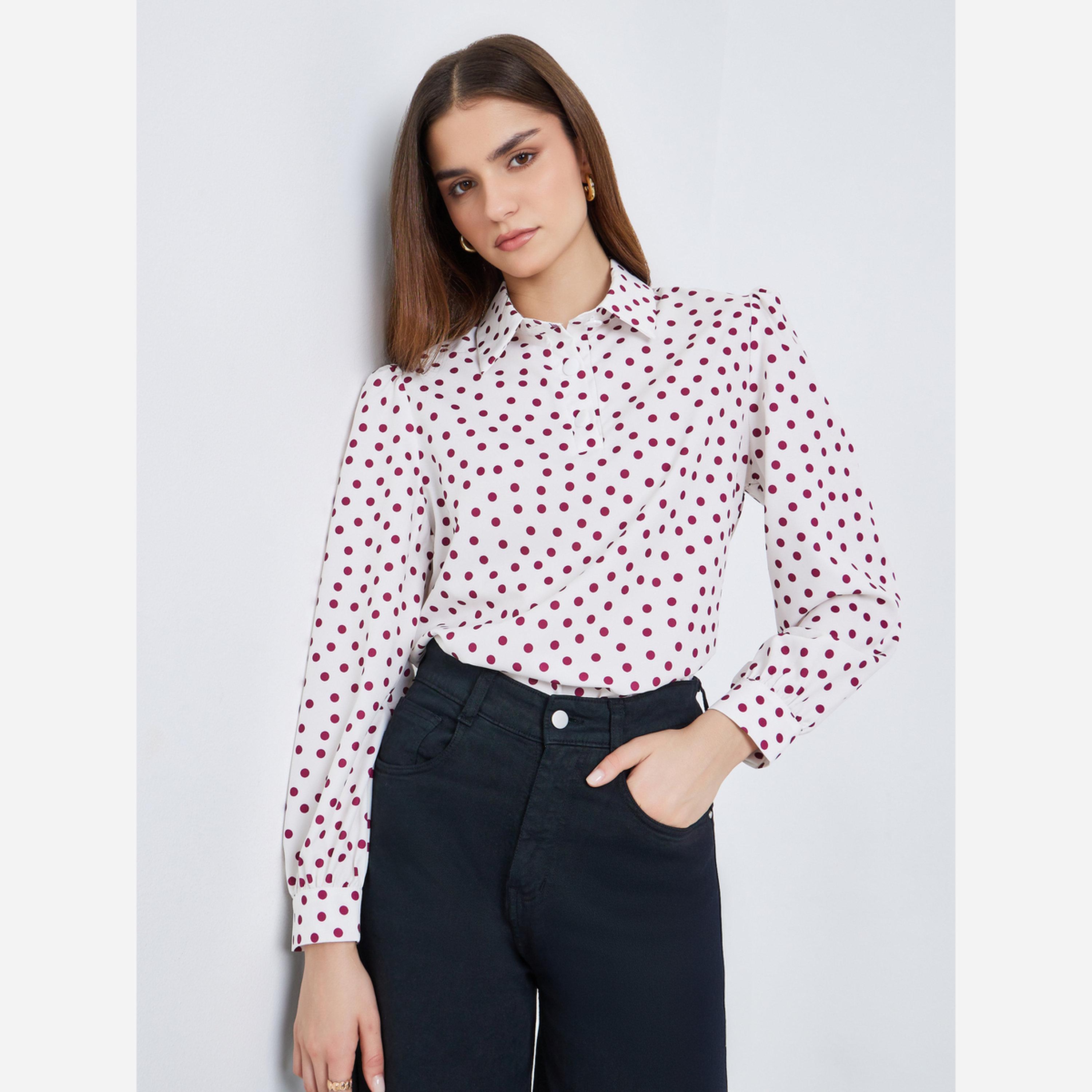 ستايلي - قميص نسائي أكمام طويلة منقط لون أبيض فاتح-women-clothing-shirtsandblouses-blouses-image-1