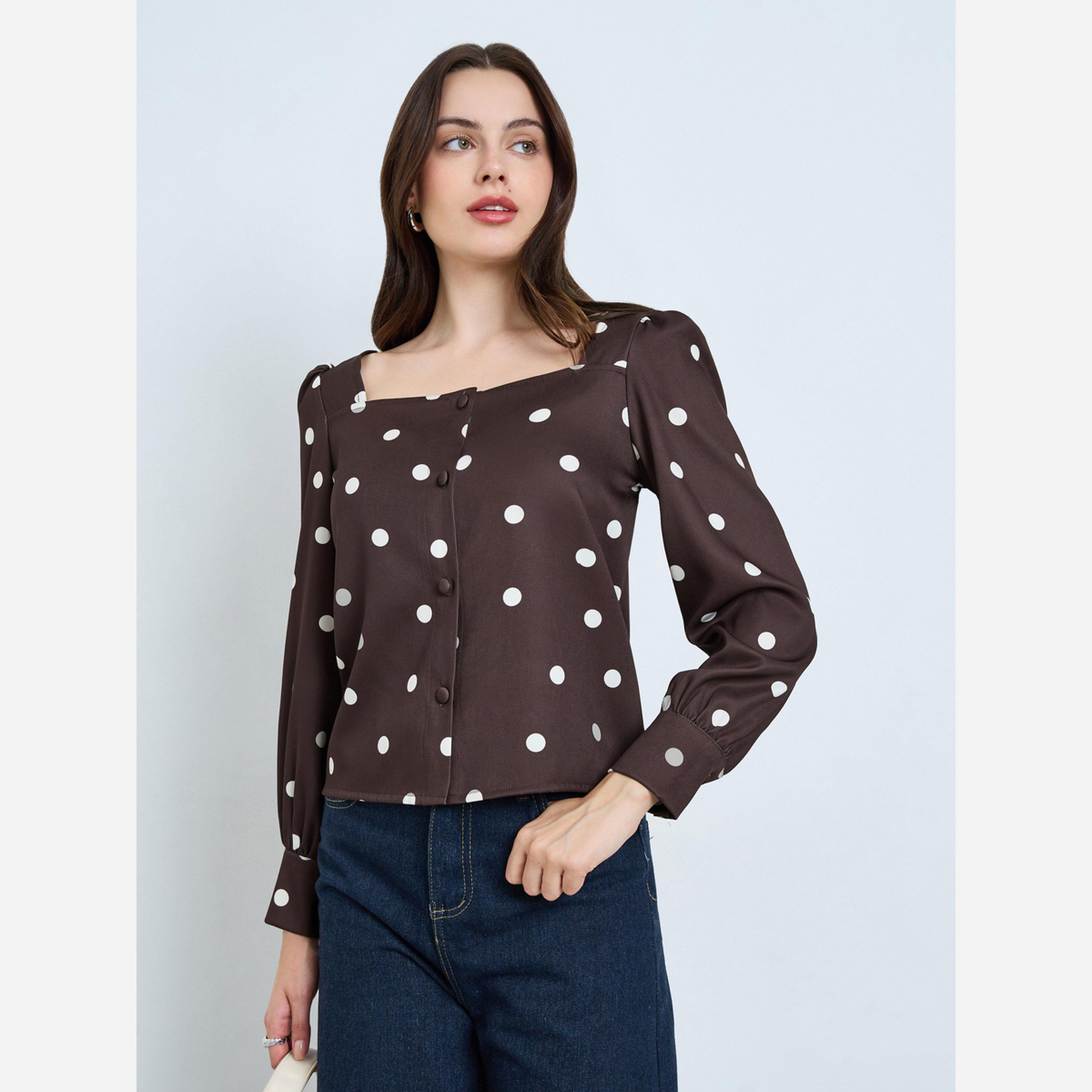 Styli Brown Polka Dot Print Square Neck Blouse-women-clothing-shirtsandblouses-blouses-image-1