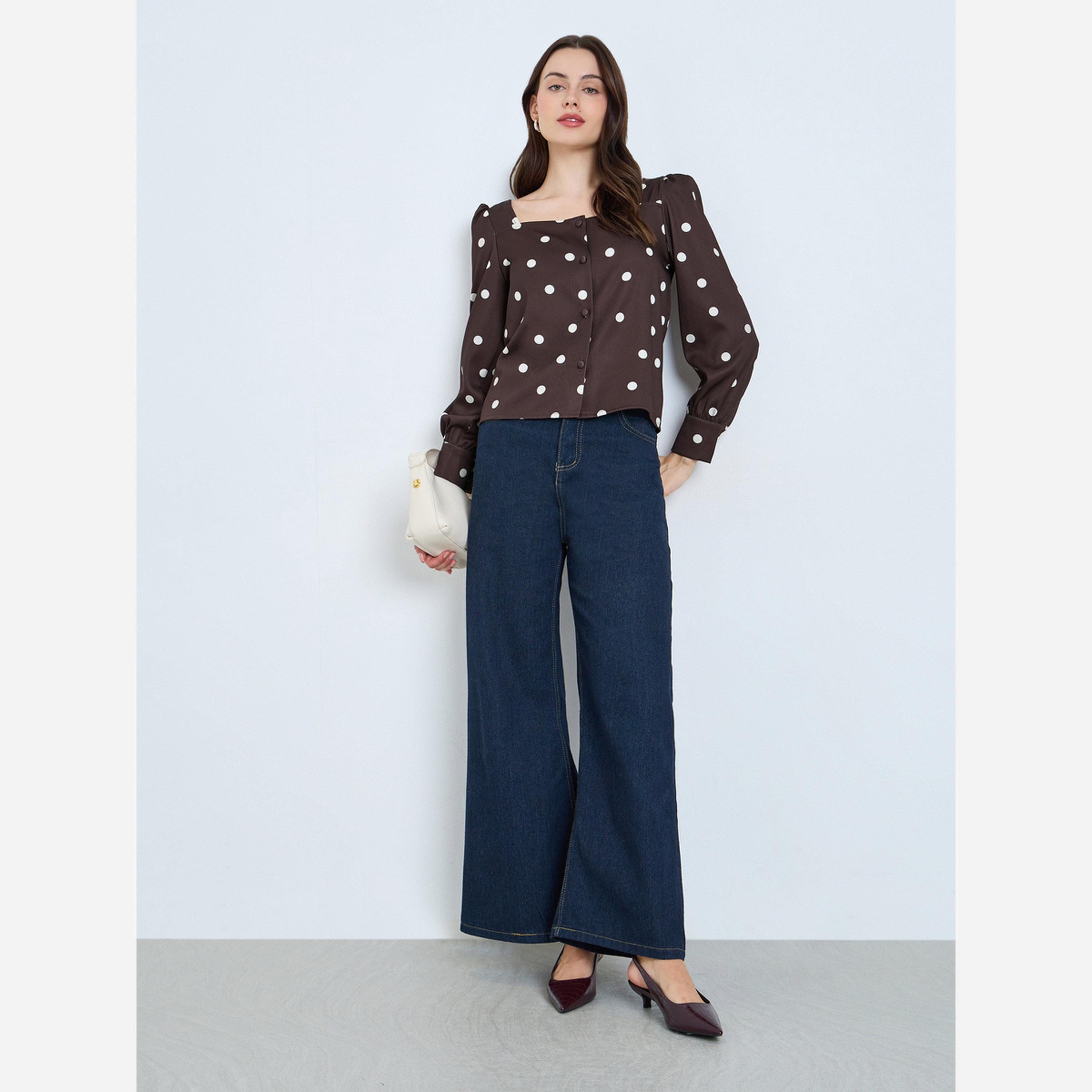 ستايلي - بلوزة لون بني طبعة منقطة ورقبة مربعة-women-clothing-shirtsandblouses-blouses-image-2