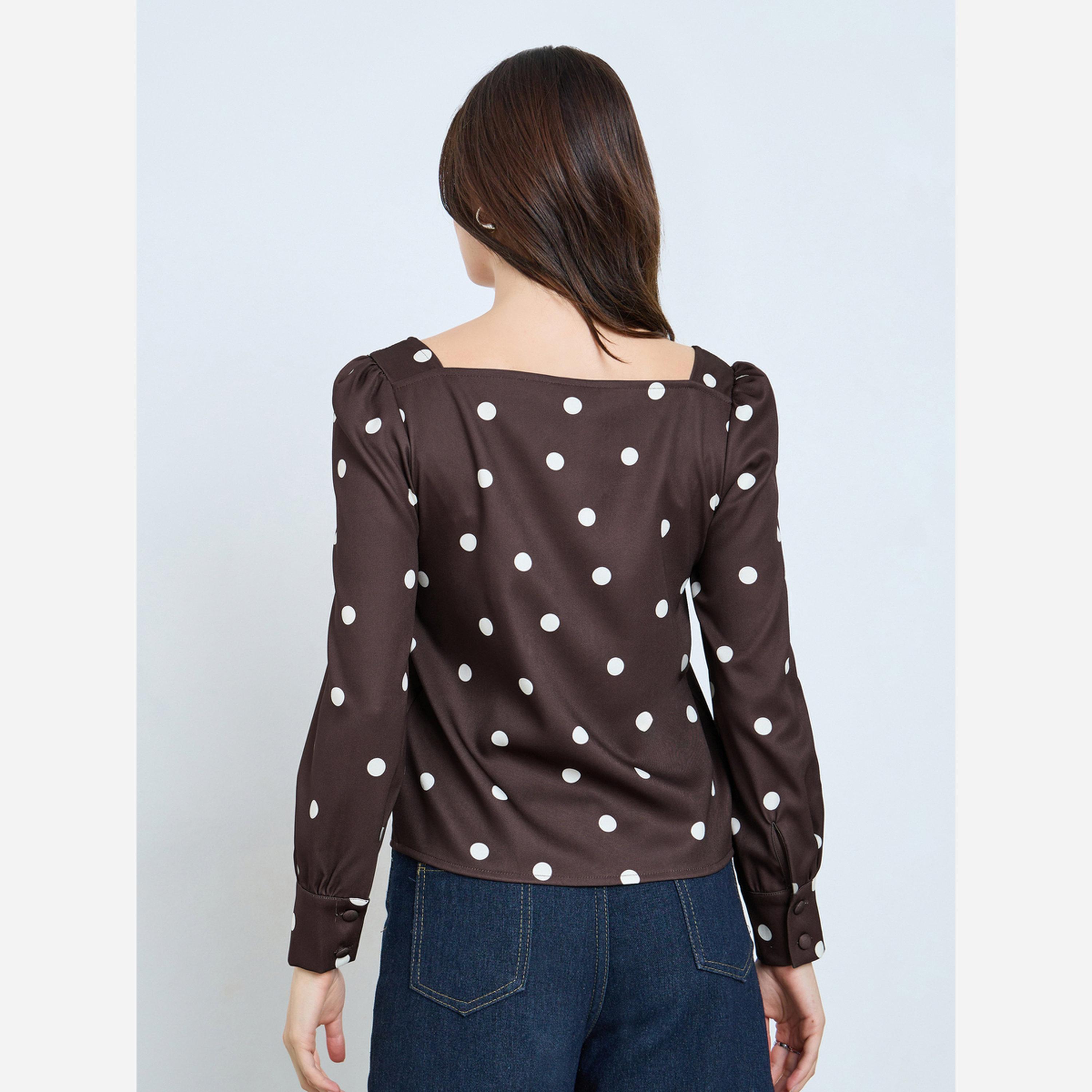 Styli Brown Polka Dot Print Square Neck Blouse-women-clothing-shirtsandblouses-blouses-image-4