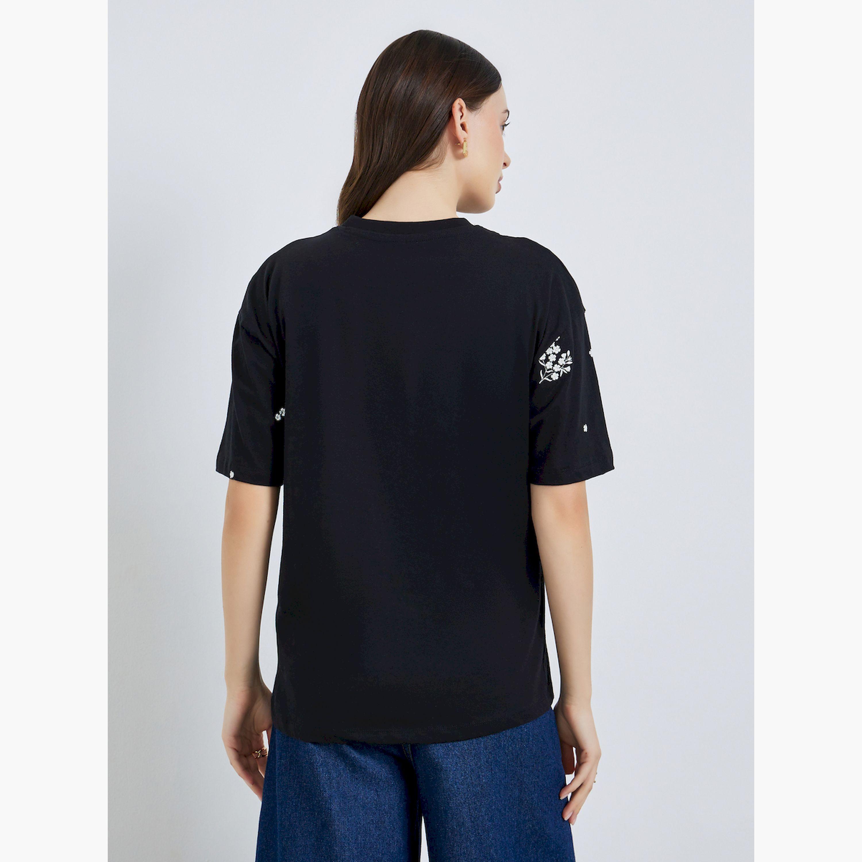 Styli Women Black Embroidered Floral Oversized T-Shirt-women-clothing-tshirts-image-4