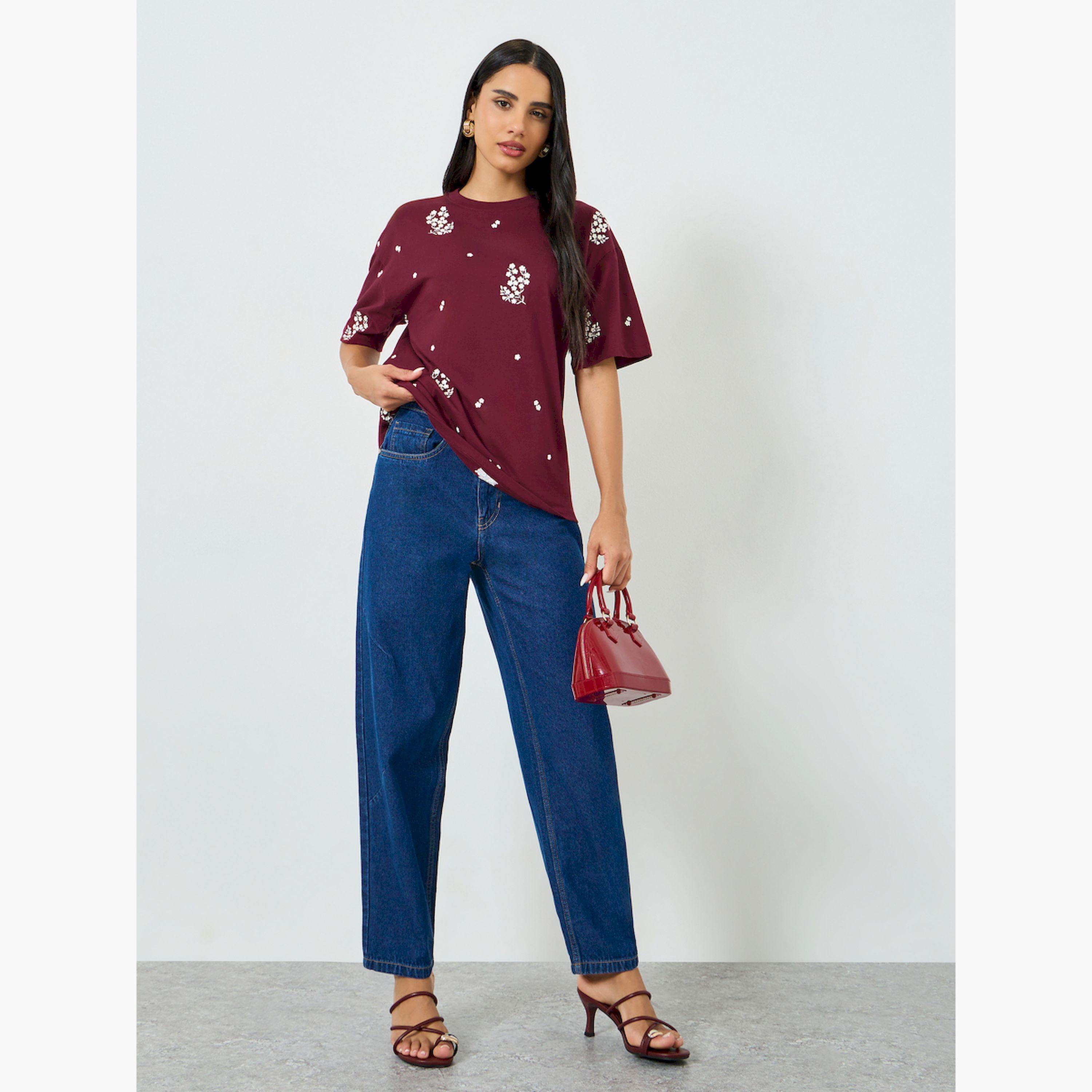 Styli Burgundy Embroidered Floral Oversized T-Shirt-women-clothing-tshirts-image-2
