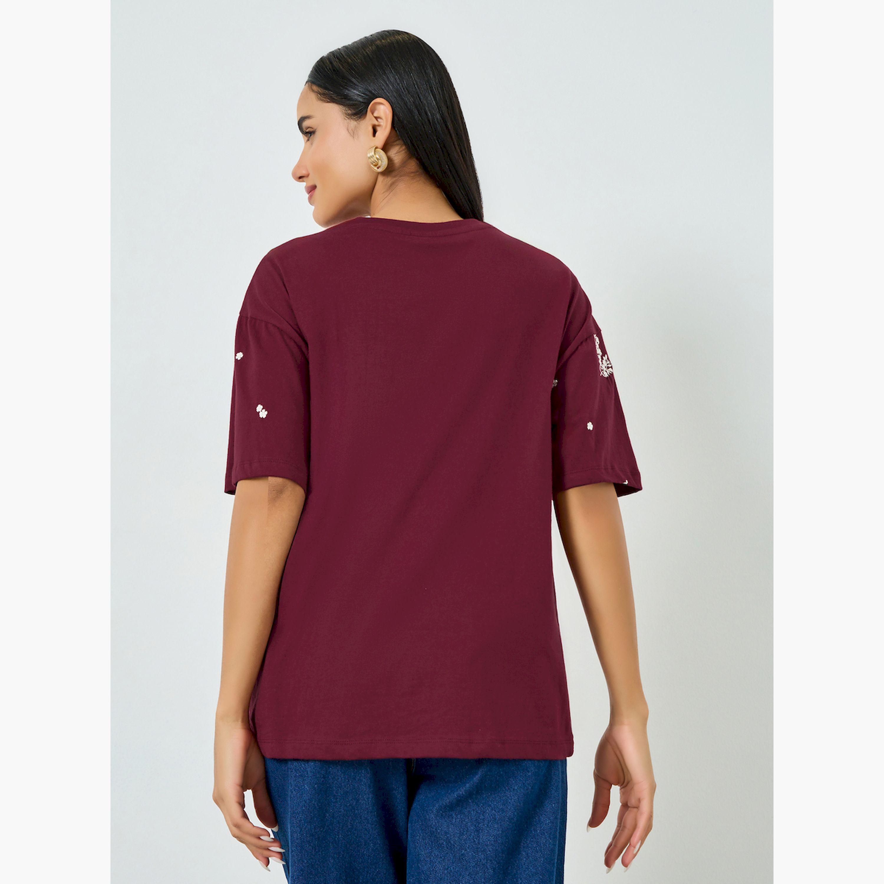 Styli Burgundy Embroidered Floral Oversized T-Shirt-women-clothing-tshirts-image-4