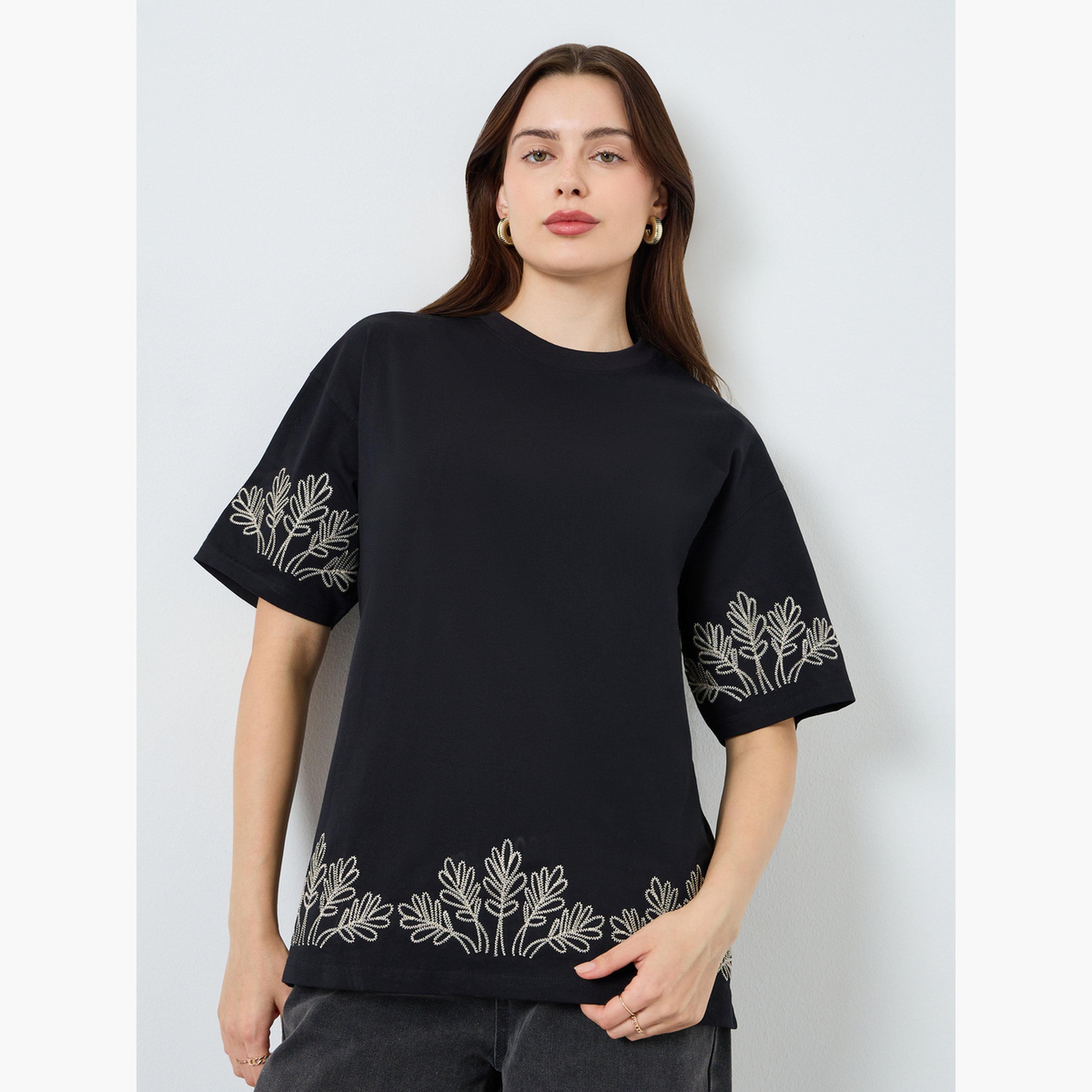 Styli Women Black Embroidered Oversized T-Shirt-women-clothing-tshirts-image-1