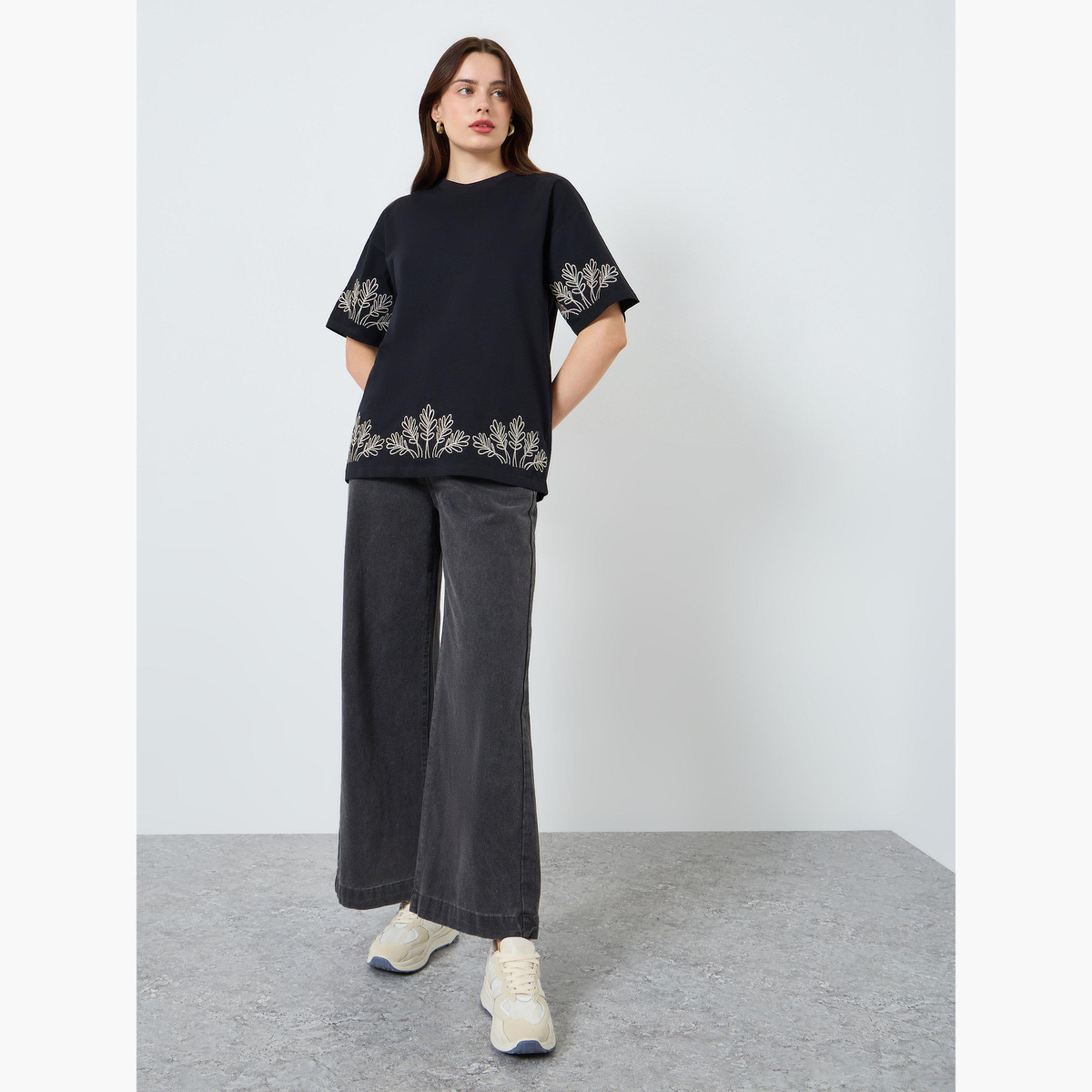 Styli Women Black Embroidered Oversized T-Shirt-women-clothing-tshirts-image-2