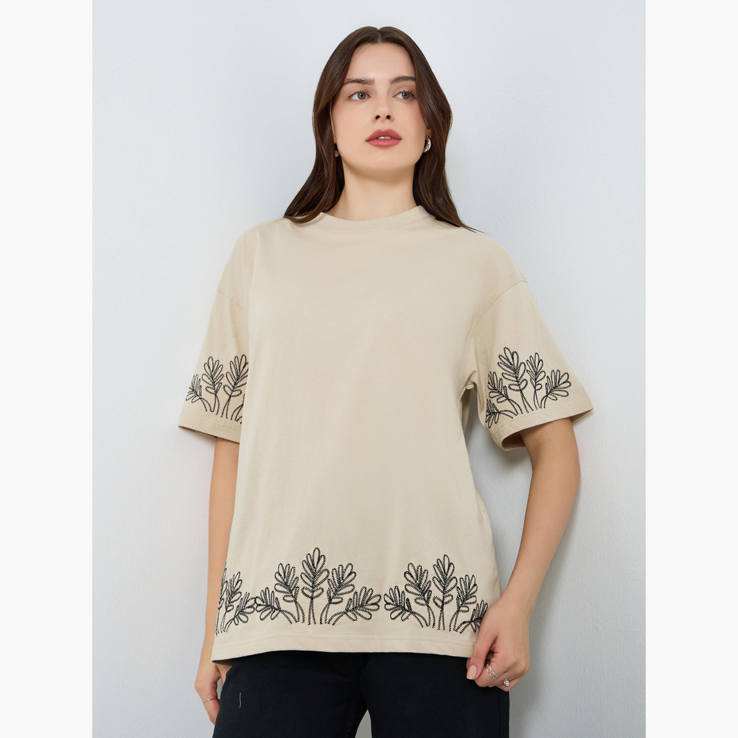 Styli Women Beige Embroidered Oversized T-Shirt-women-clothing-tshirts-image-1