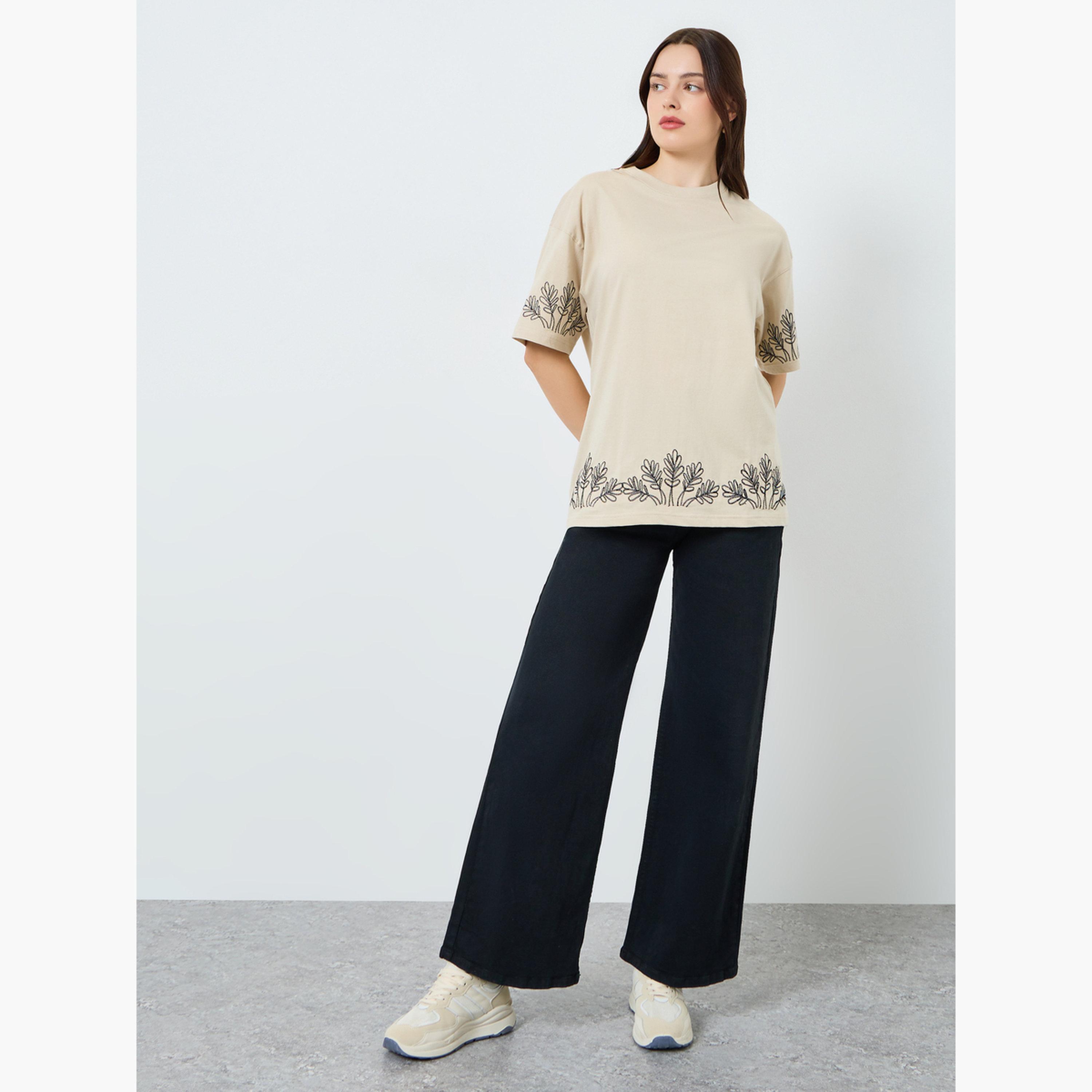 Styli Women Beige Embroidered Oversized T-Shirt-women-clothing-tshirts-image-2