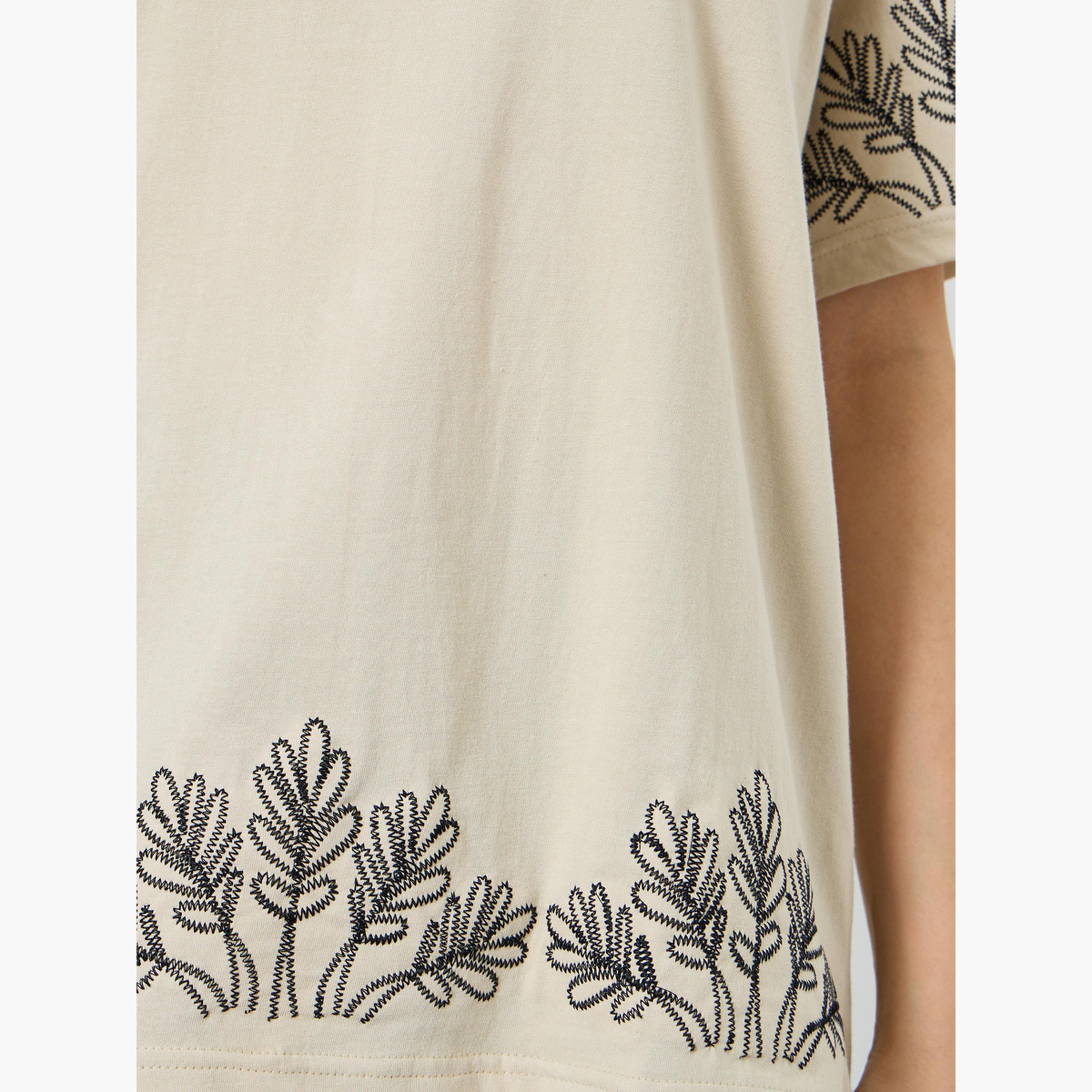 Styli Women Beige Embroidered Oversized T-Shirt-women-clothing-tshirts-image-3